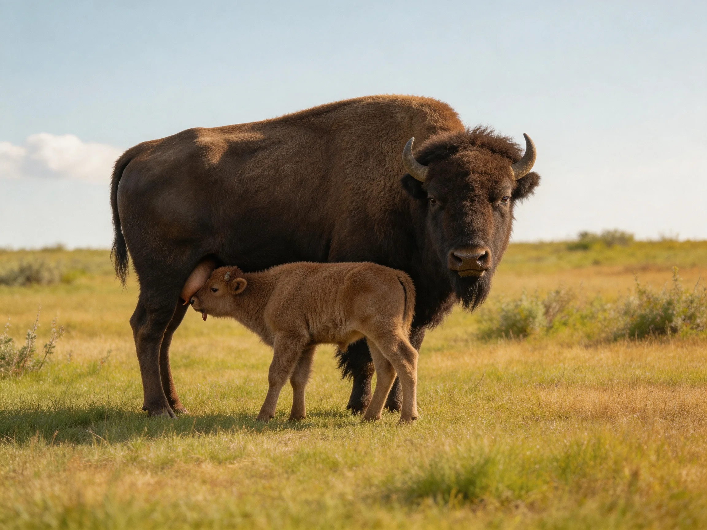 A large brown bison nurses her young calf in a sunny grassland