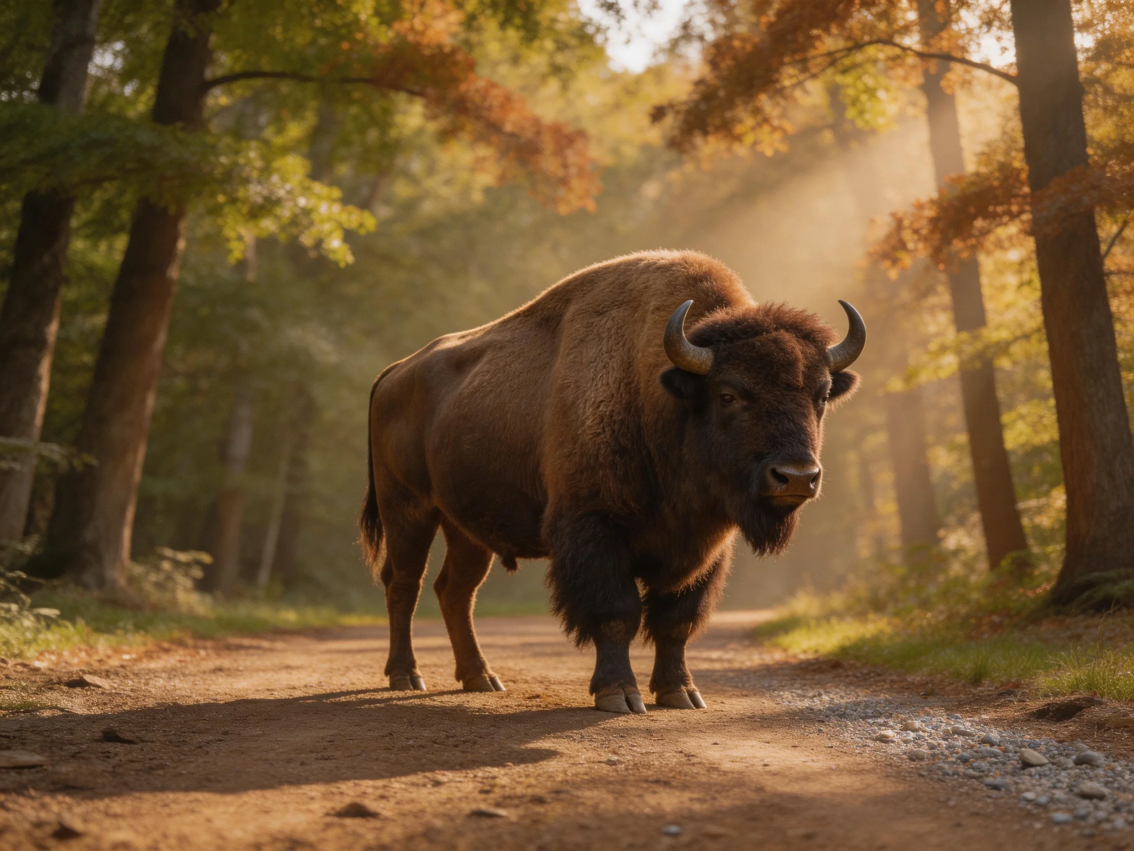 A large brown bison on a sunlit forest path