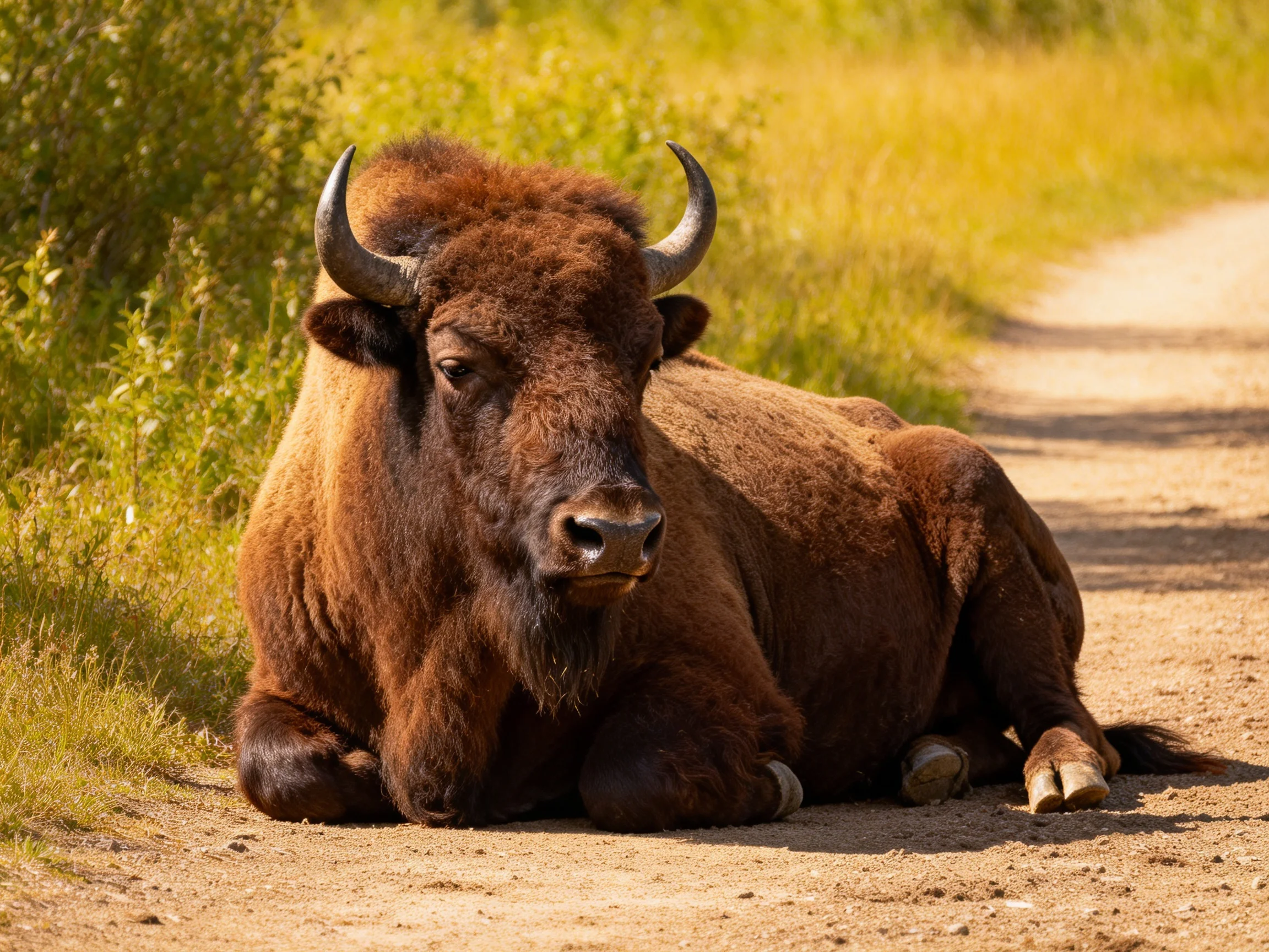 A brown bison lies on a sunlit dirt path surrounded by greenery