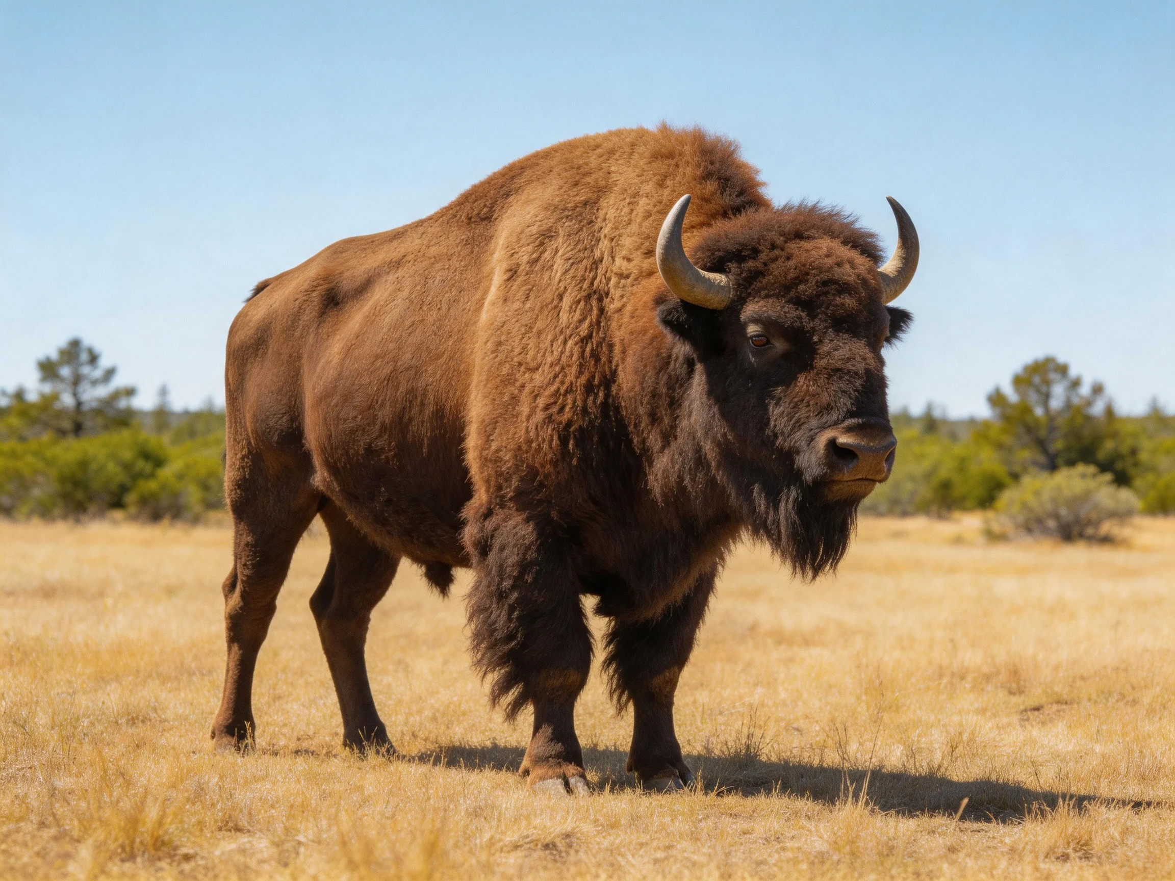 A large brown bison stands in a sunlit grassland