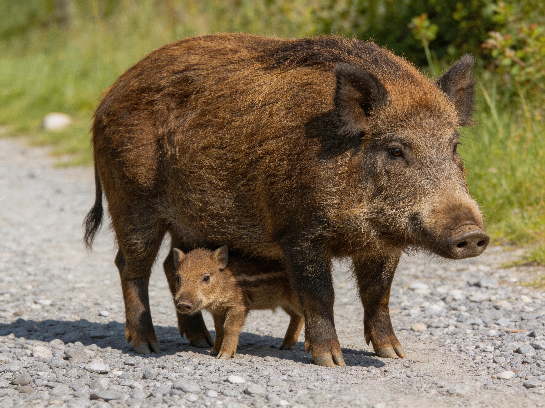 An adult wild boar and its young piglet move along a gravel path amid greenery.