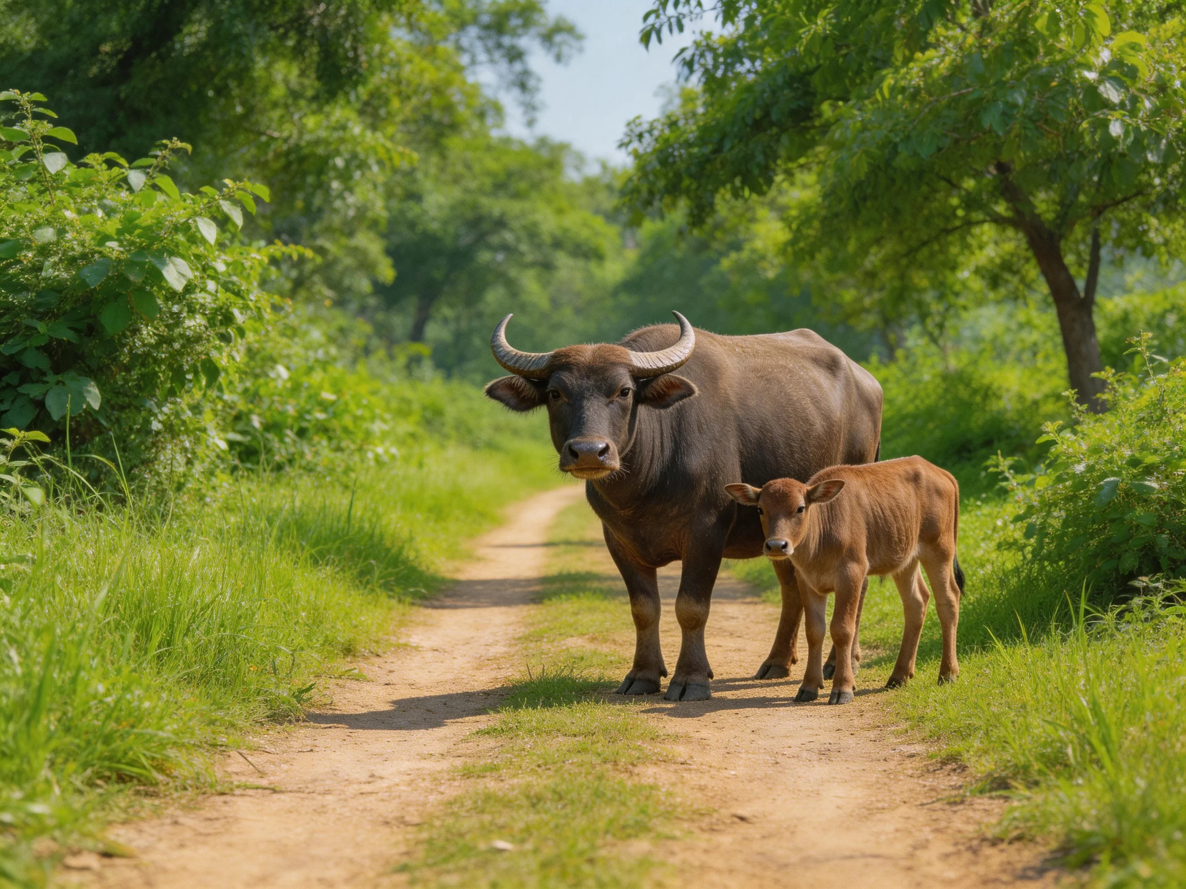 An adult buffalo and calf stand together on a dirt path in a green landscape.