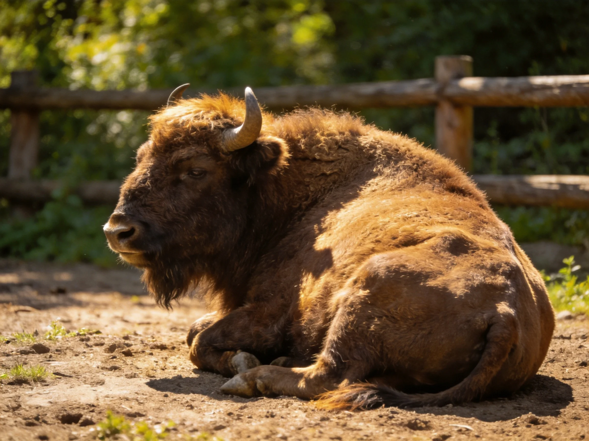 A large brown buffalo resting near a wooden fence under sunlight