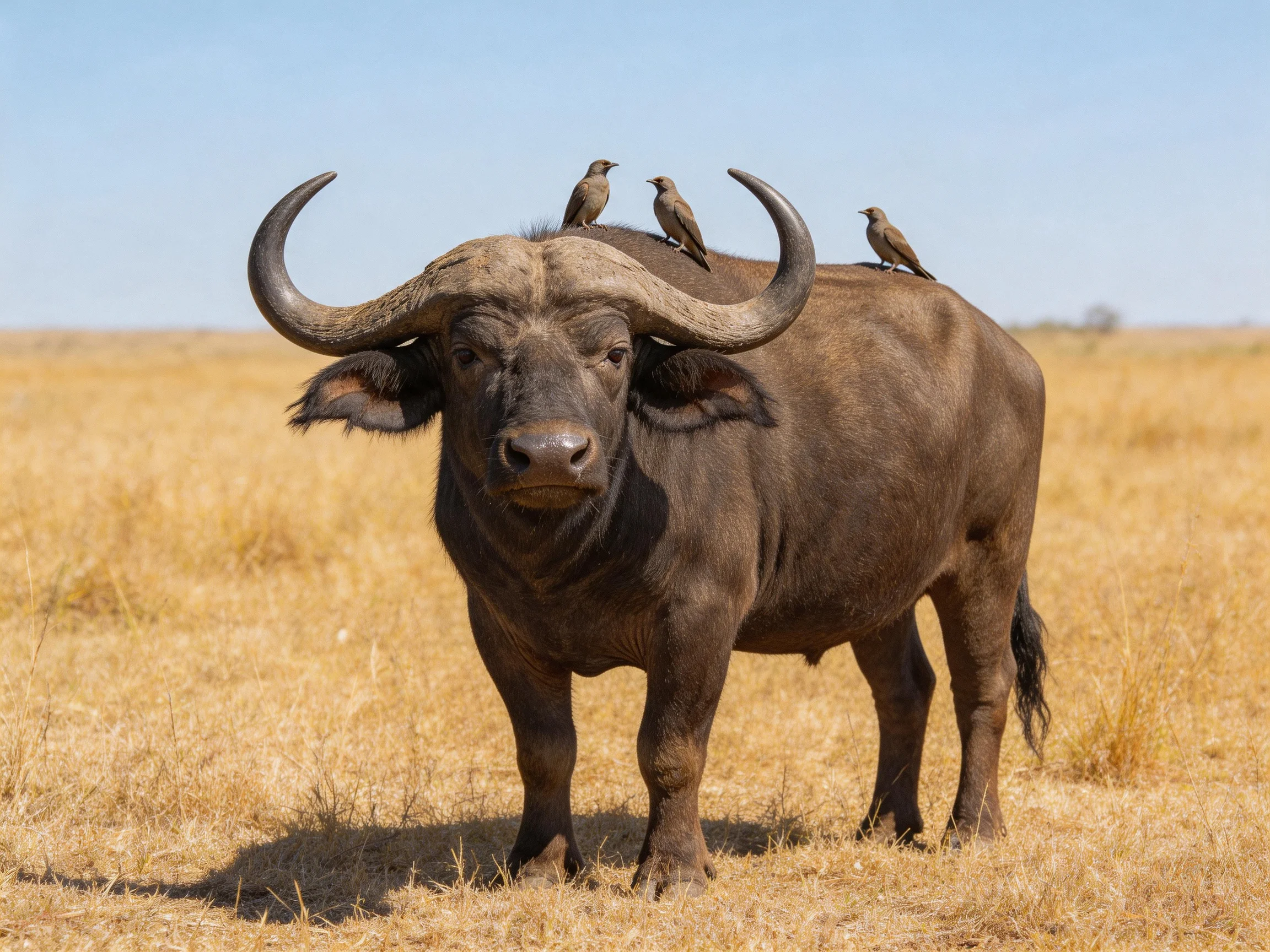 A large brown buffalo stands in golden grass with three birds