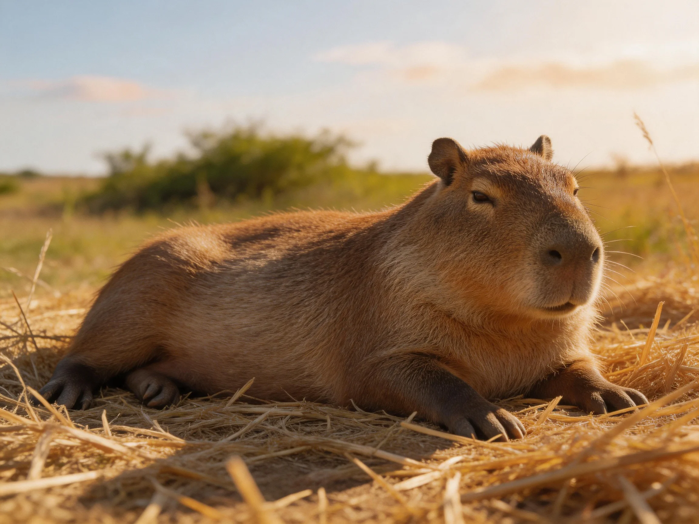 A large brown capybara relaxes on straw in an open field.