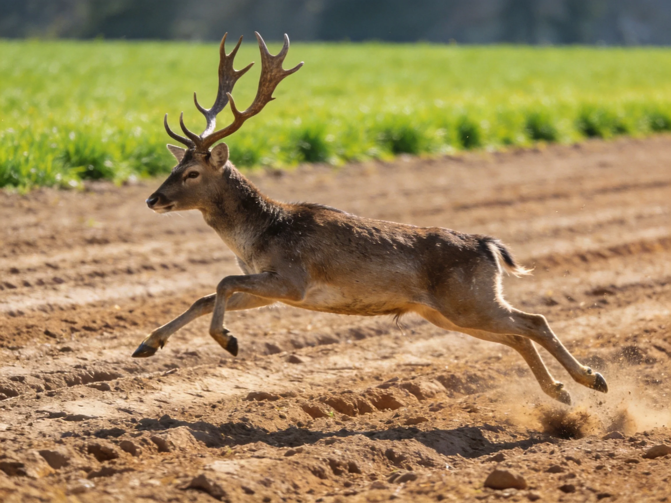 A large brown deer with antlers leaps over a dusty path near green fields