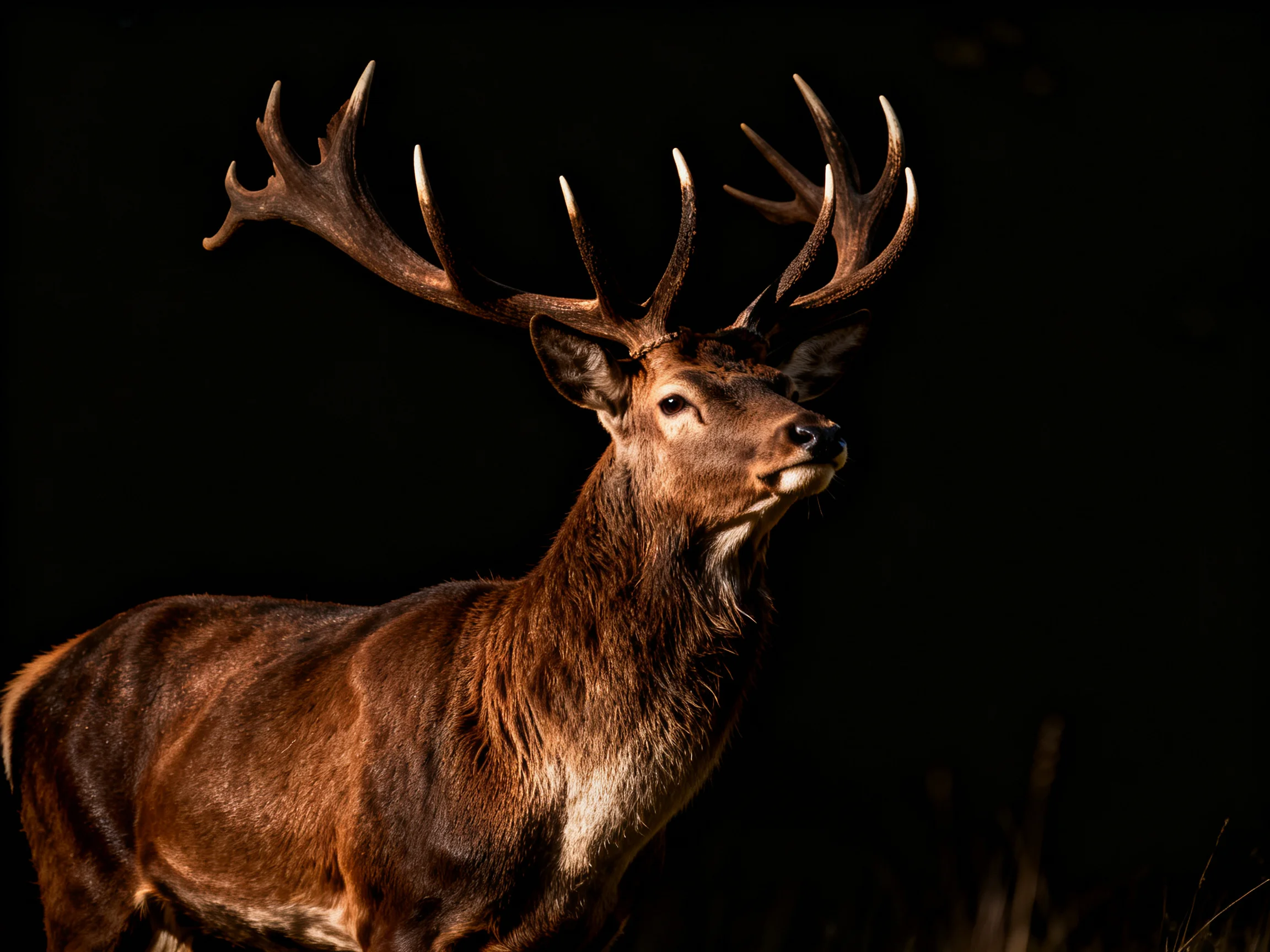 A large brown deer with elaborate antlers stands out against a dark background.