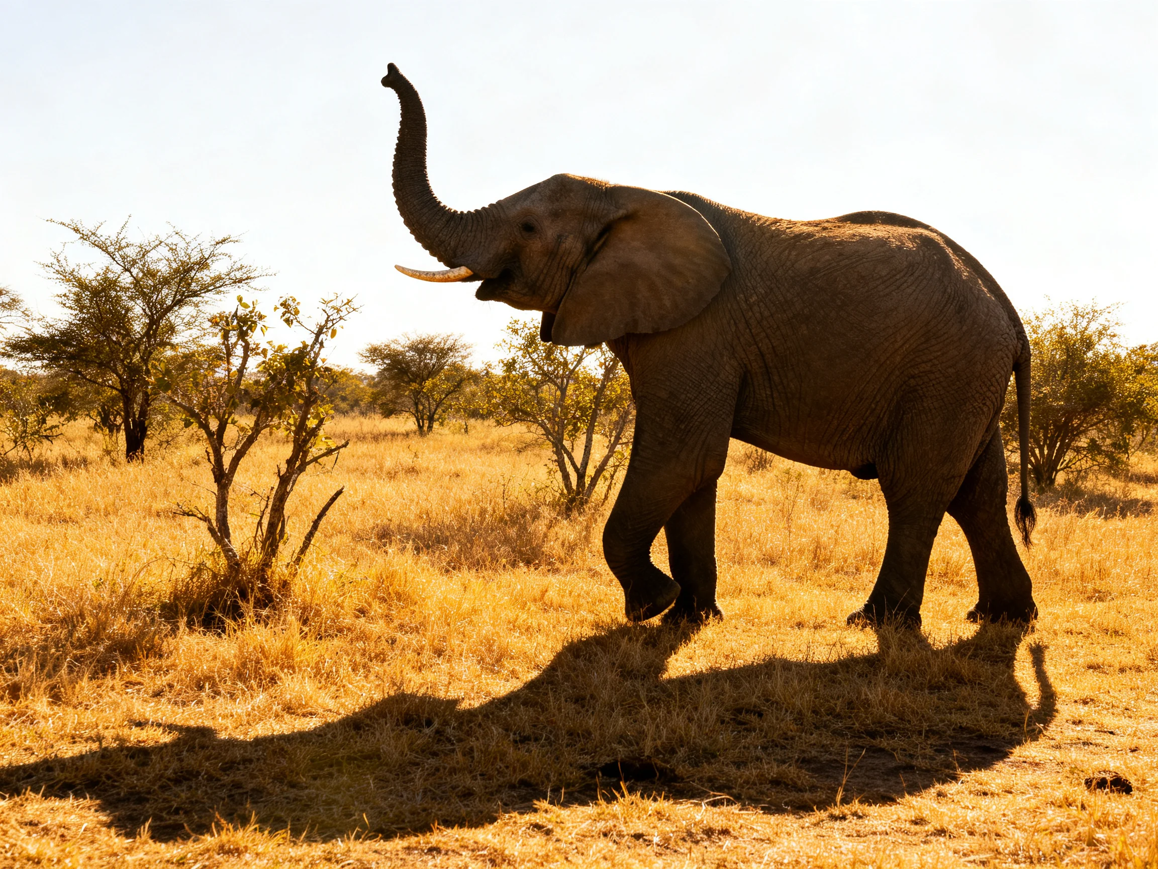 A large brown elephant in golden savannah under clear sky