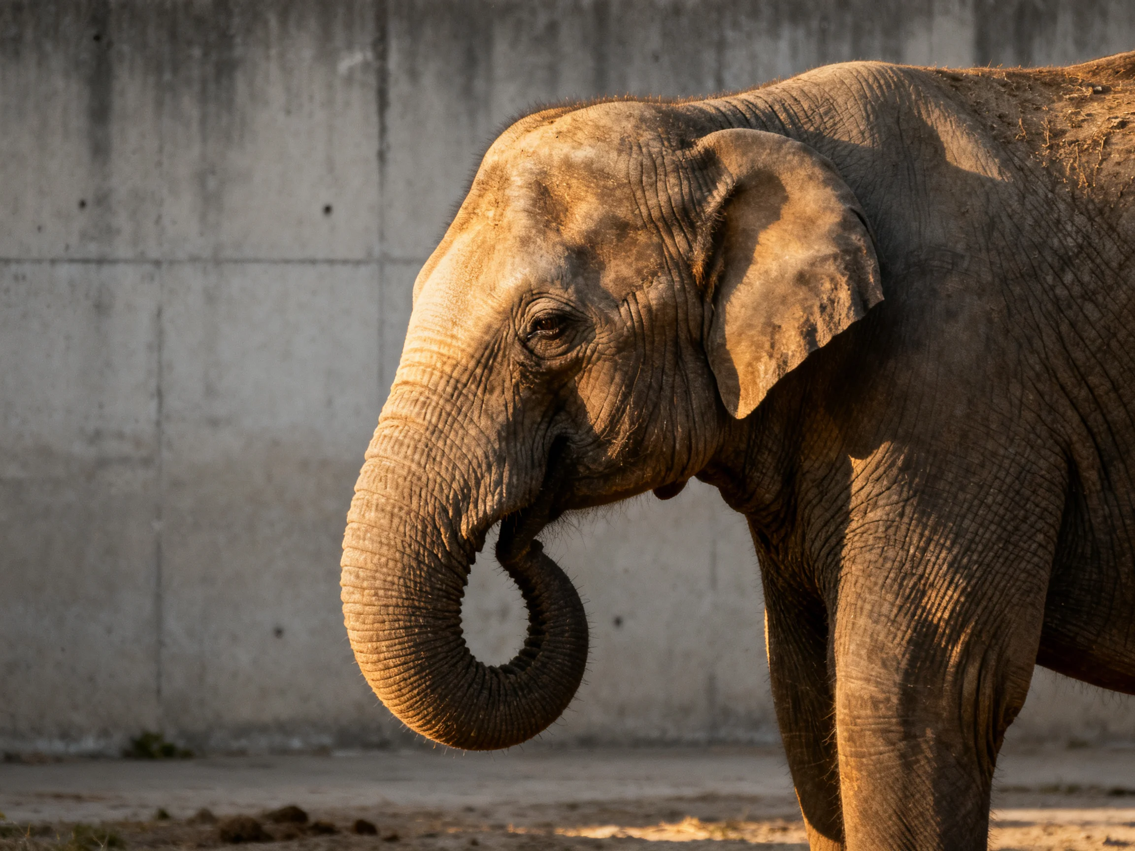 A large brown elephant near a gray concrete wall
