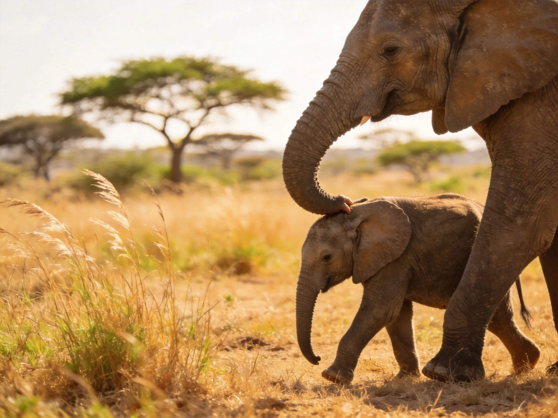 A large brown elephant nuzzles a young one in a golden savannah