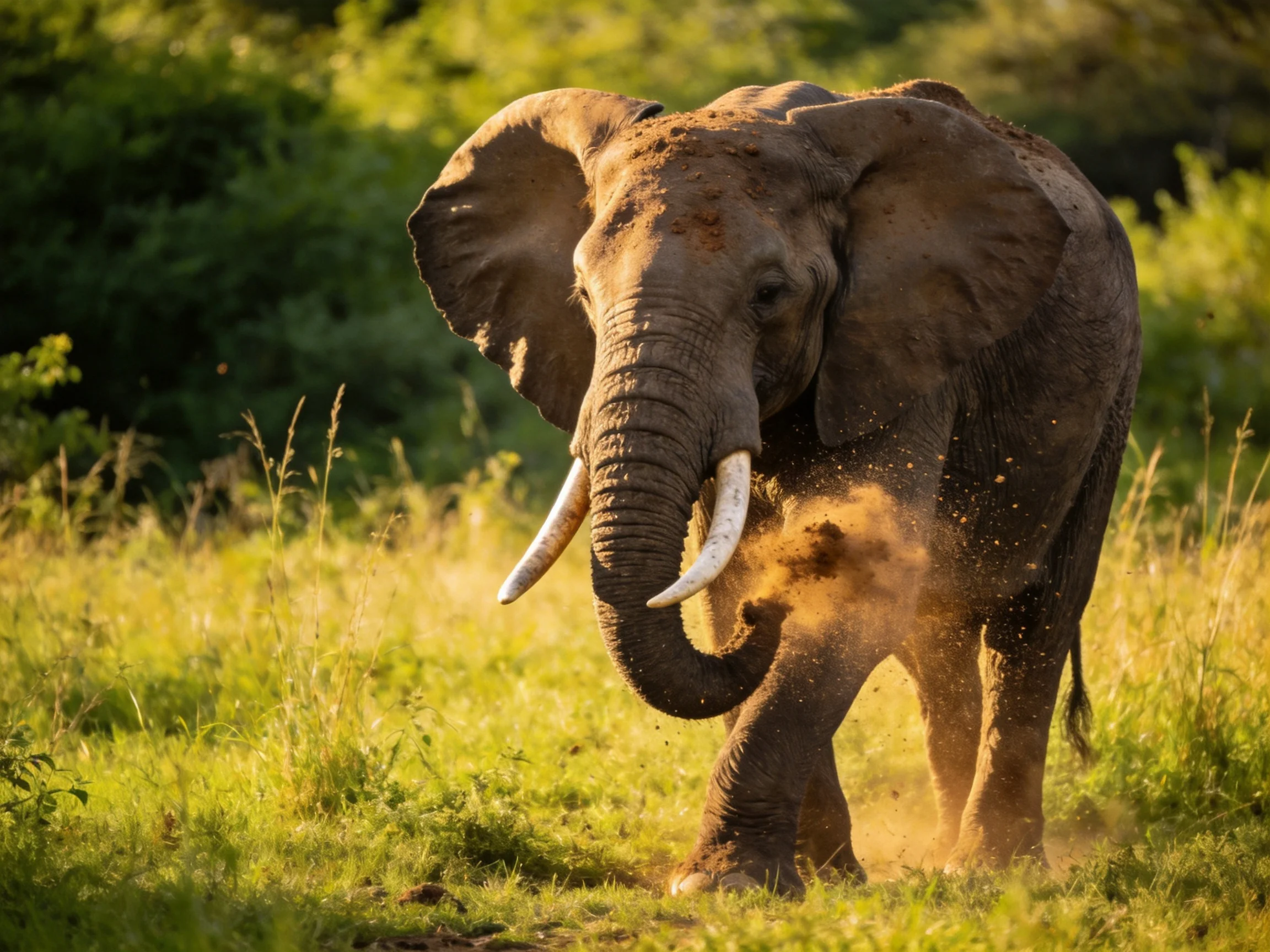 A large brown elephant throwing dirt in a sun-drenched savannah