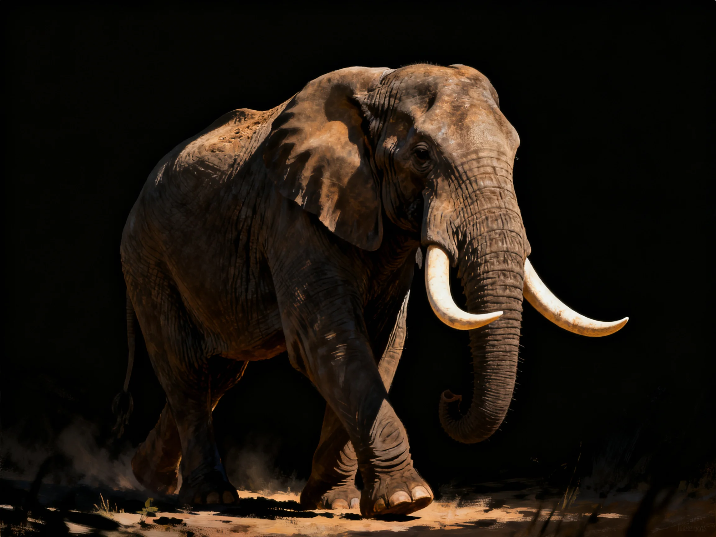A large brown elephant with long ivory tusks in a dark setting