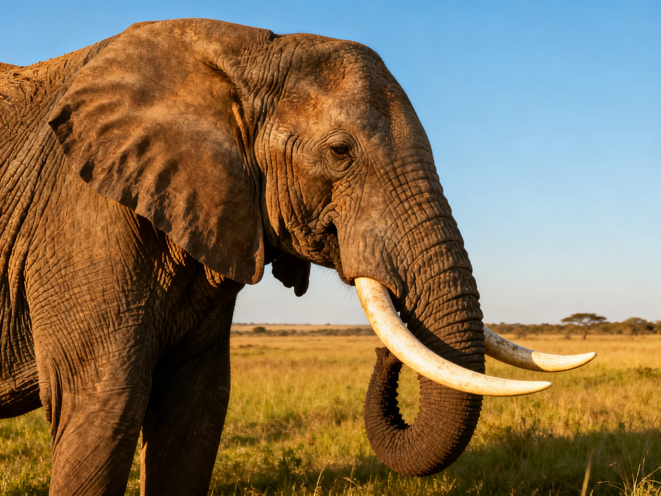 A large brown elephant with long ivory tusks in a golden savannah
