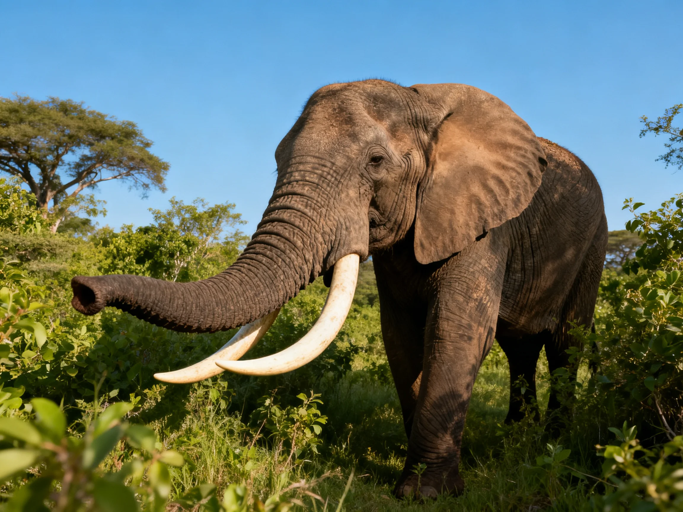 A large brown elephant with long ivory tusks in lush greenery