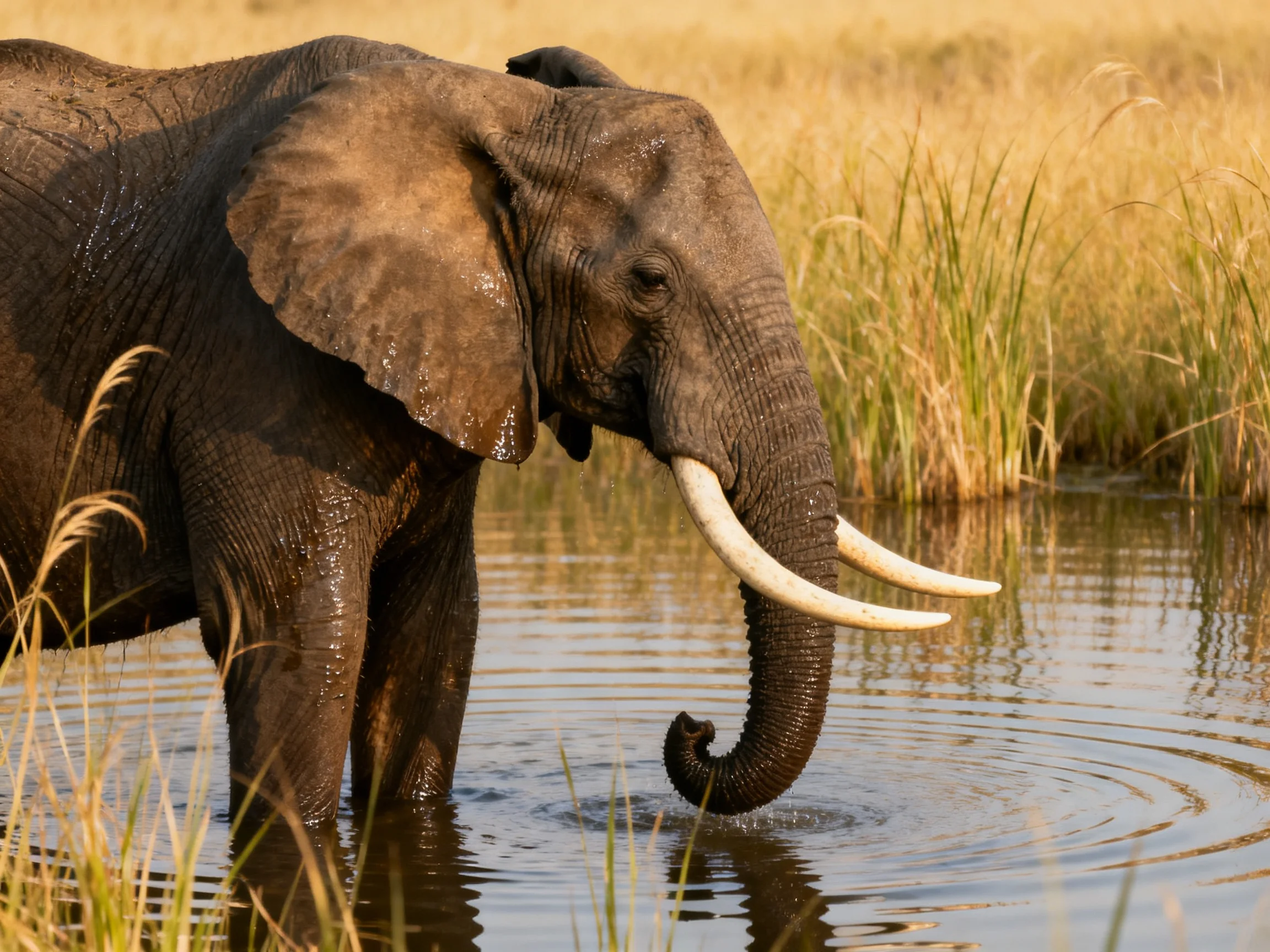 A large brown elephant with long ivory tusks stands in shallow water near golden reeds
