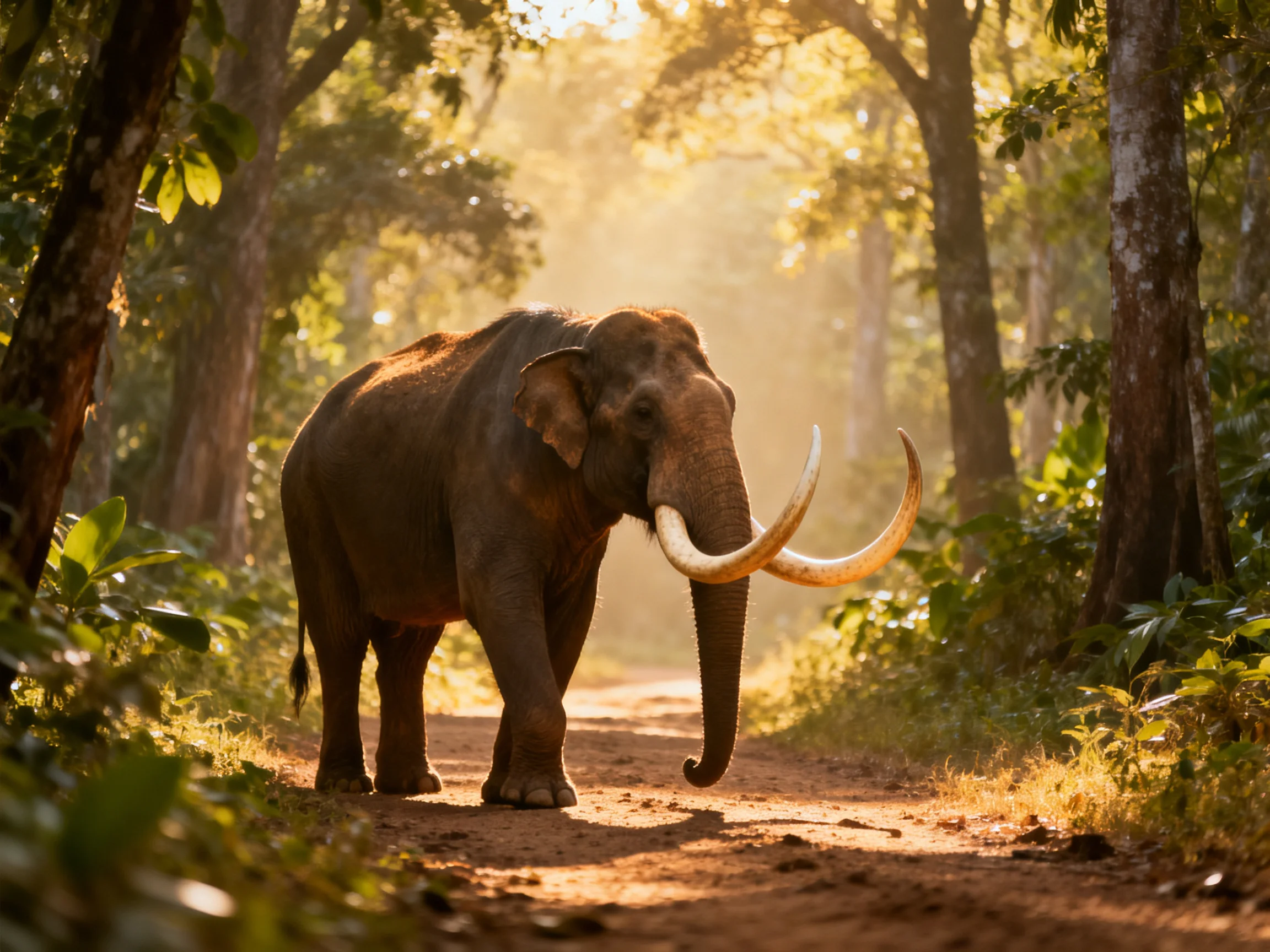 A large brown elephant with long tusks walks along a sunlit dirt path in a forest.