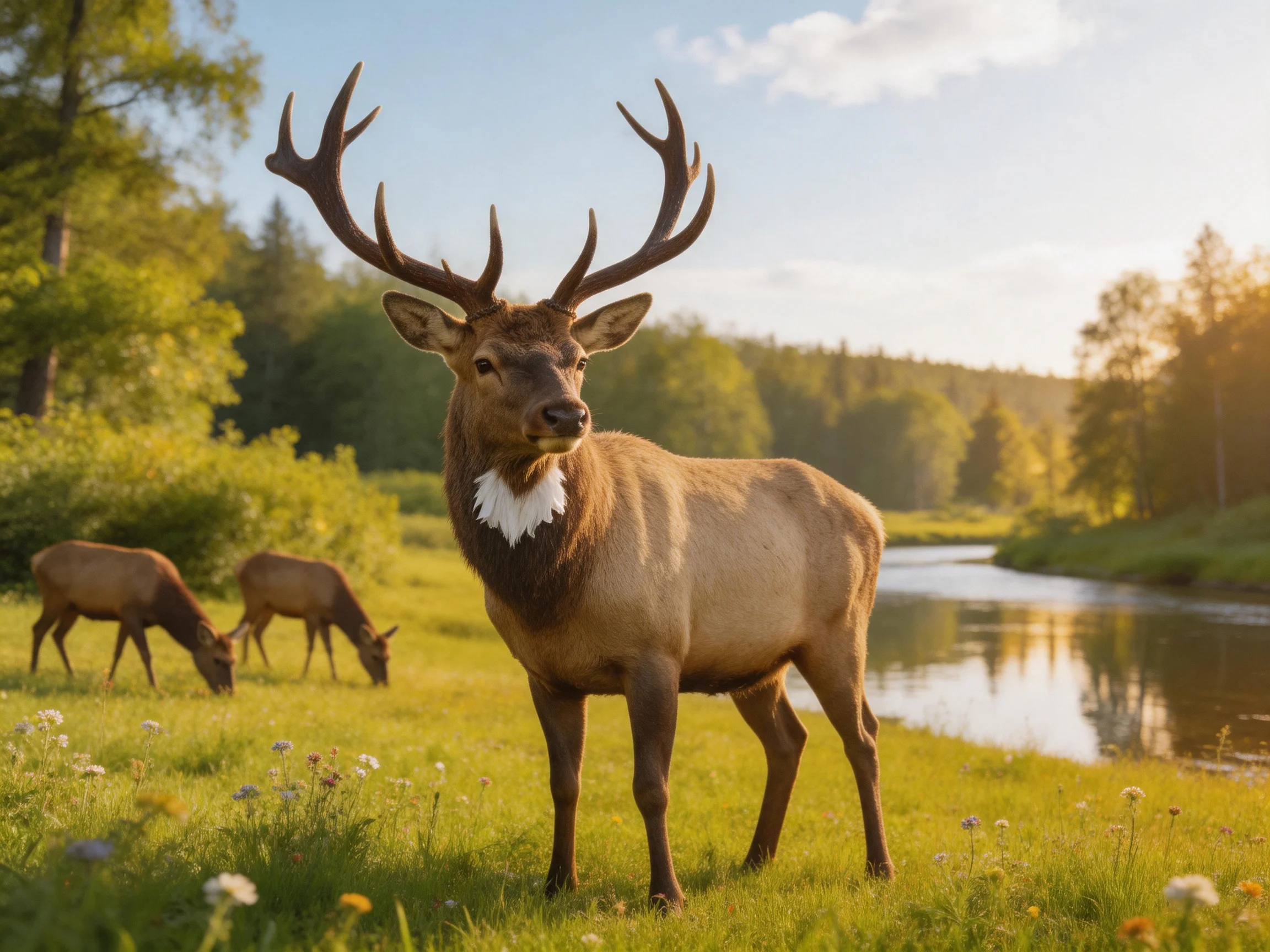 A large brown elk stands by a calm river with grazing elk