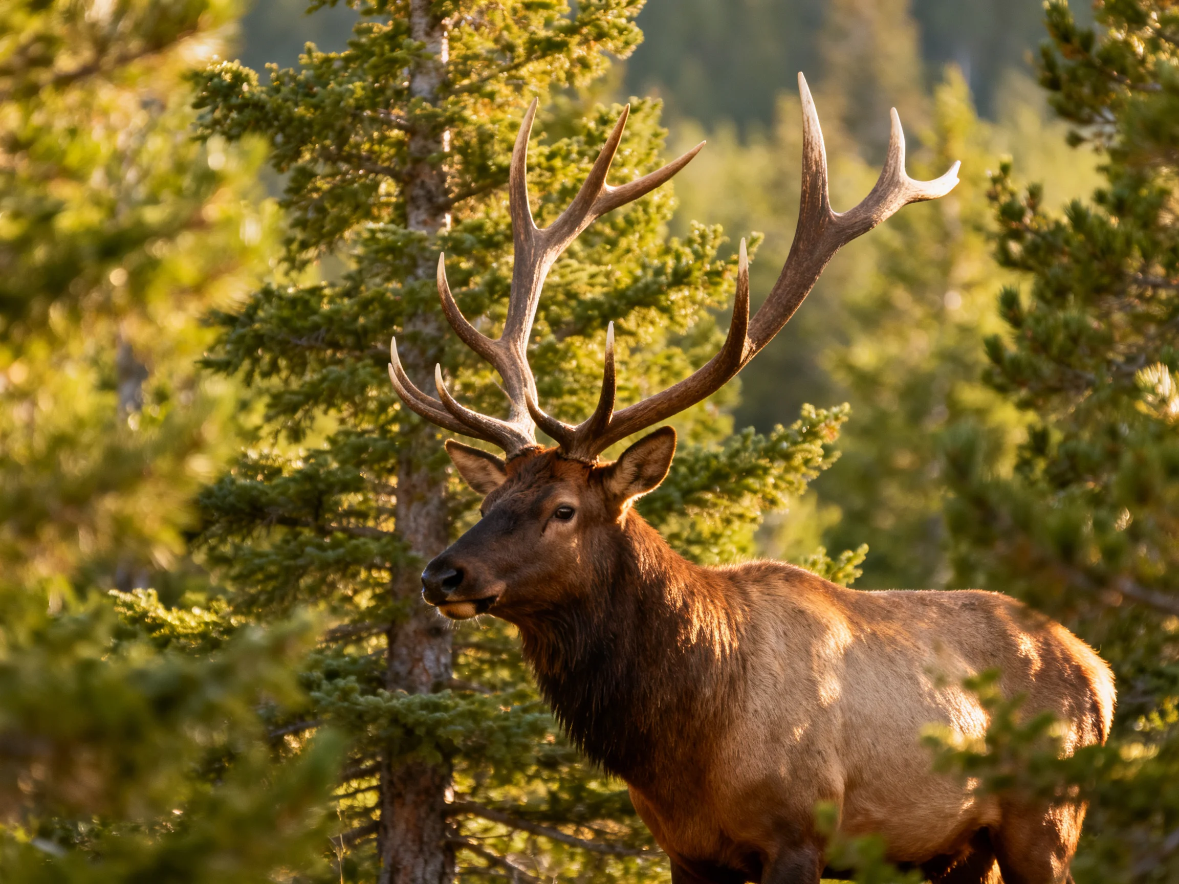 A large brown elk with massive antlers in a forest of evergreen trees