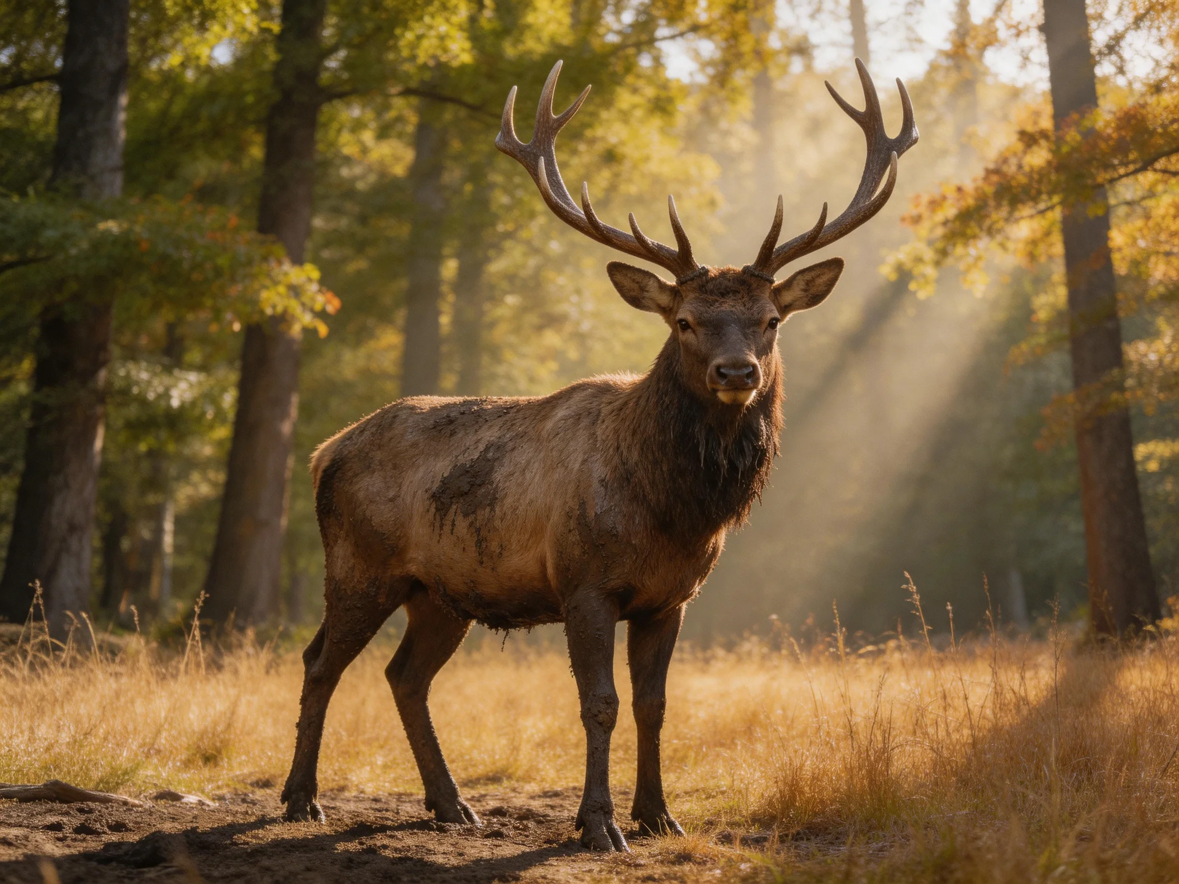 A large brown elk with massive antlers stands in a sunlit forest.