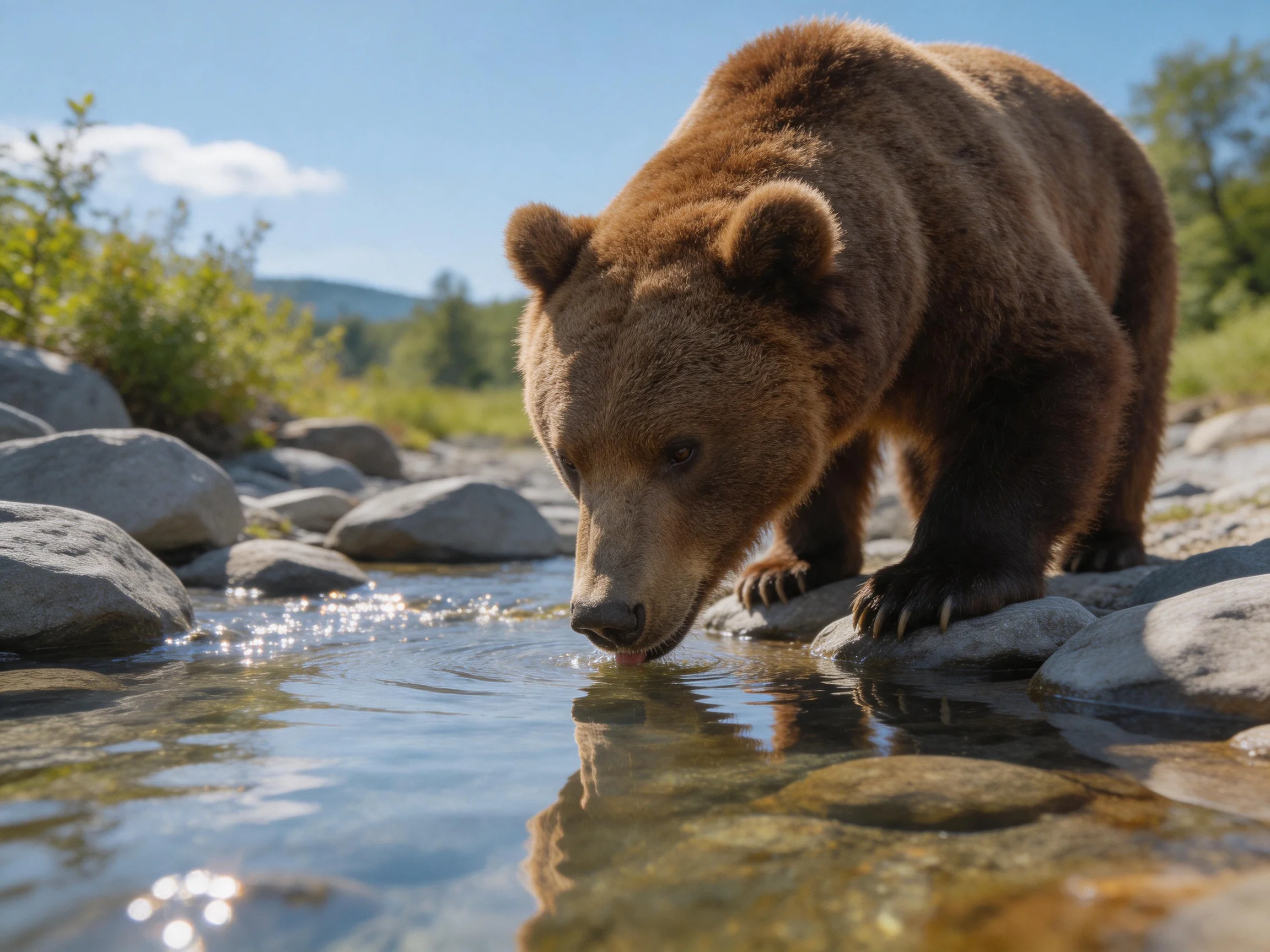 A large brown grizzly bear drinks from a rocky stream on a sunny day