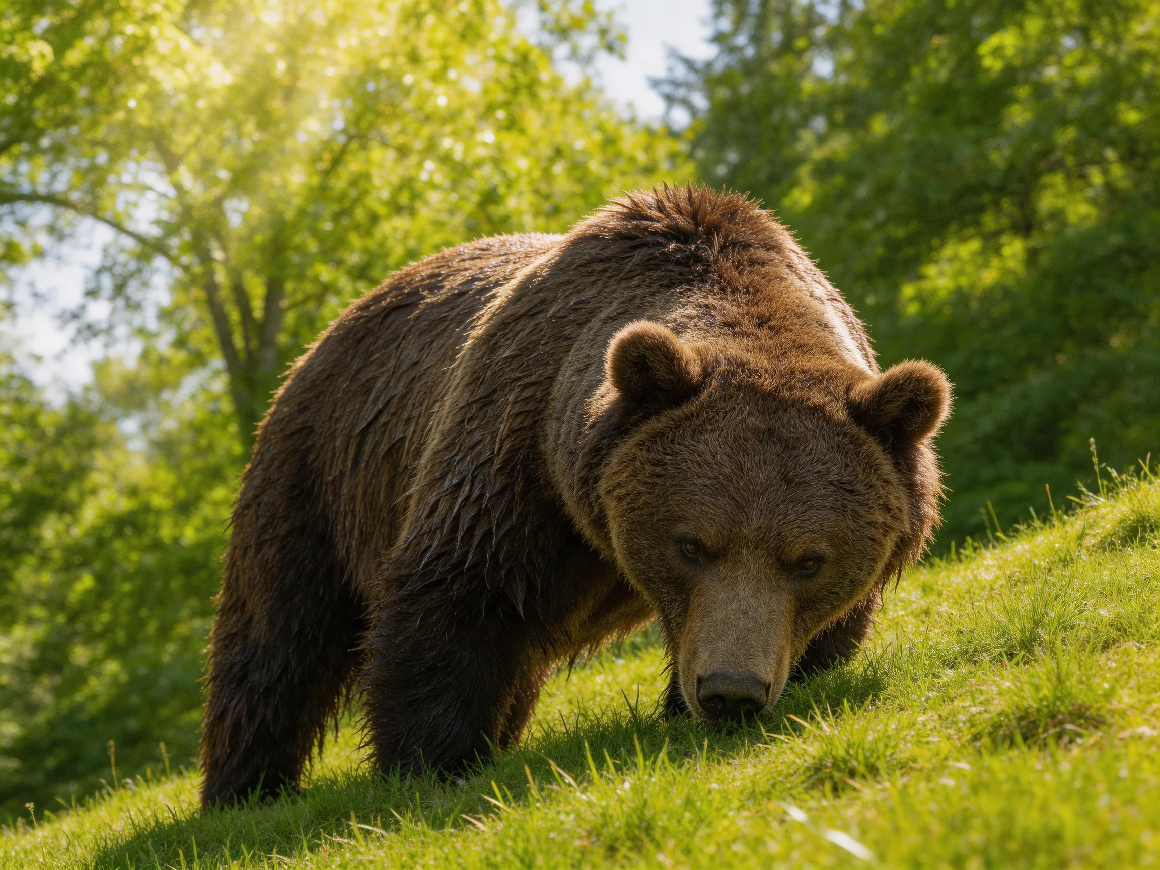 A large brown grizzly bear explores lush green grass beside verdant forest