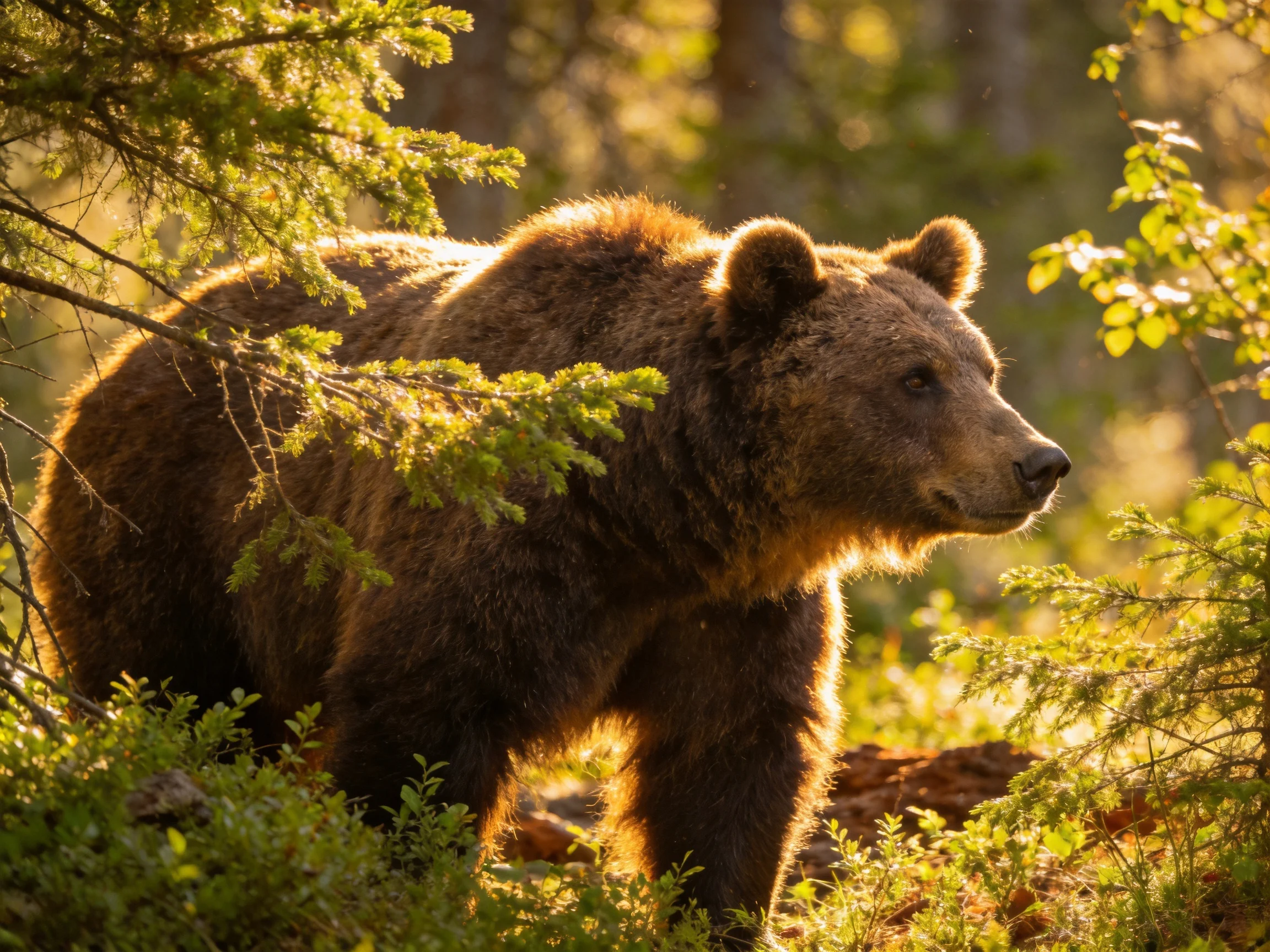 A large brown grizzly bear in sunlit forest