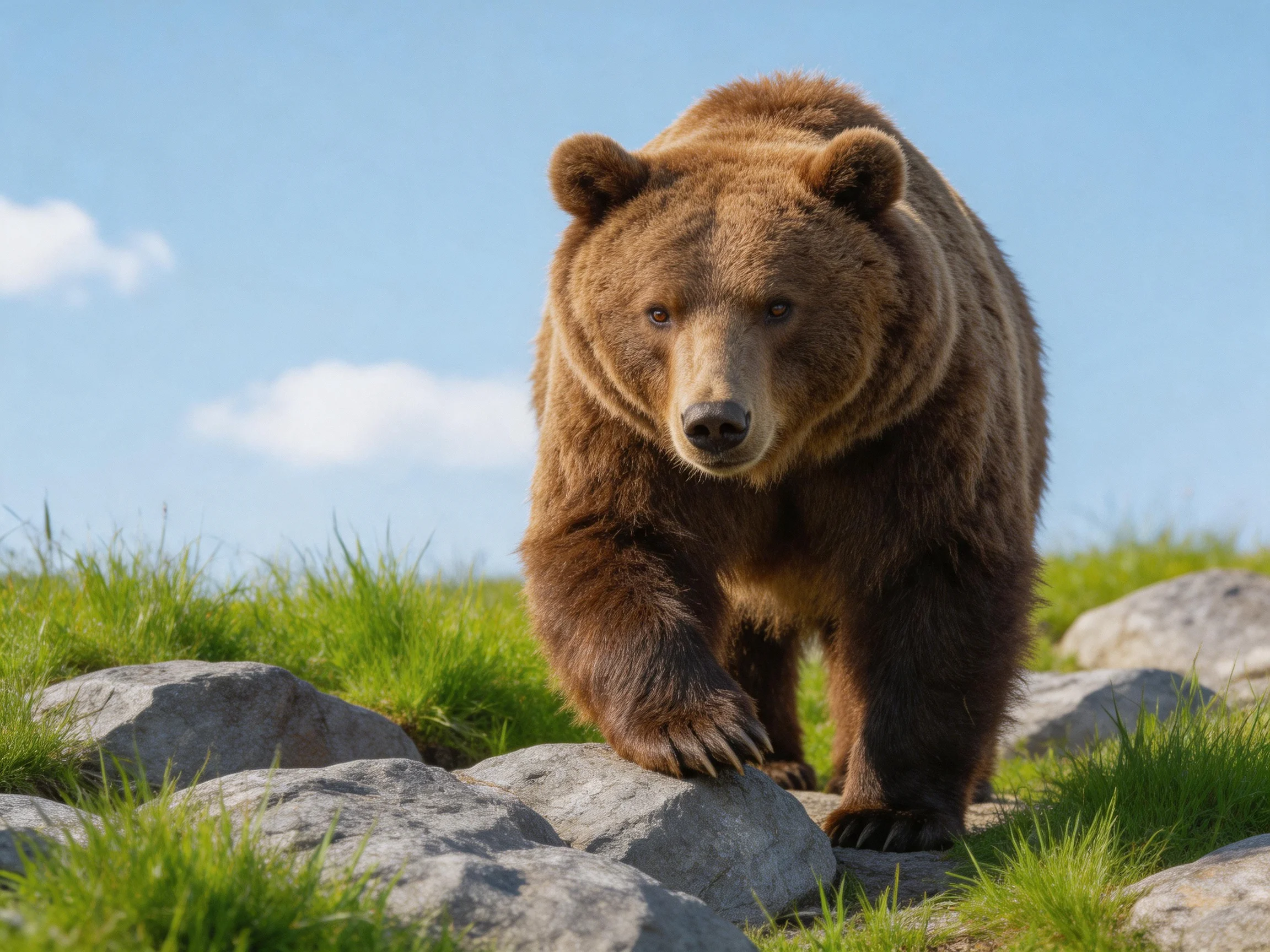 A large brown grizzly bear moving over rocks in a grassy field