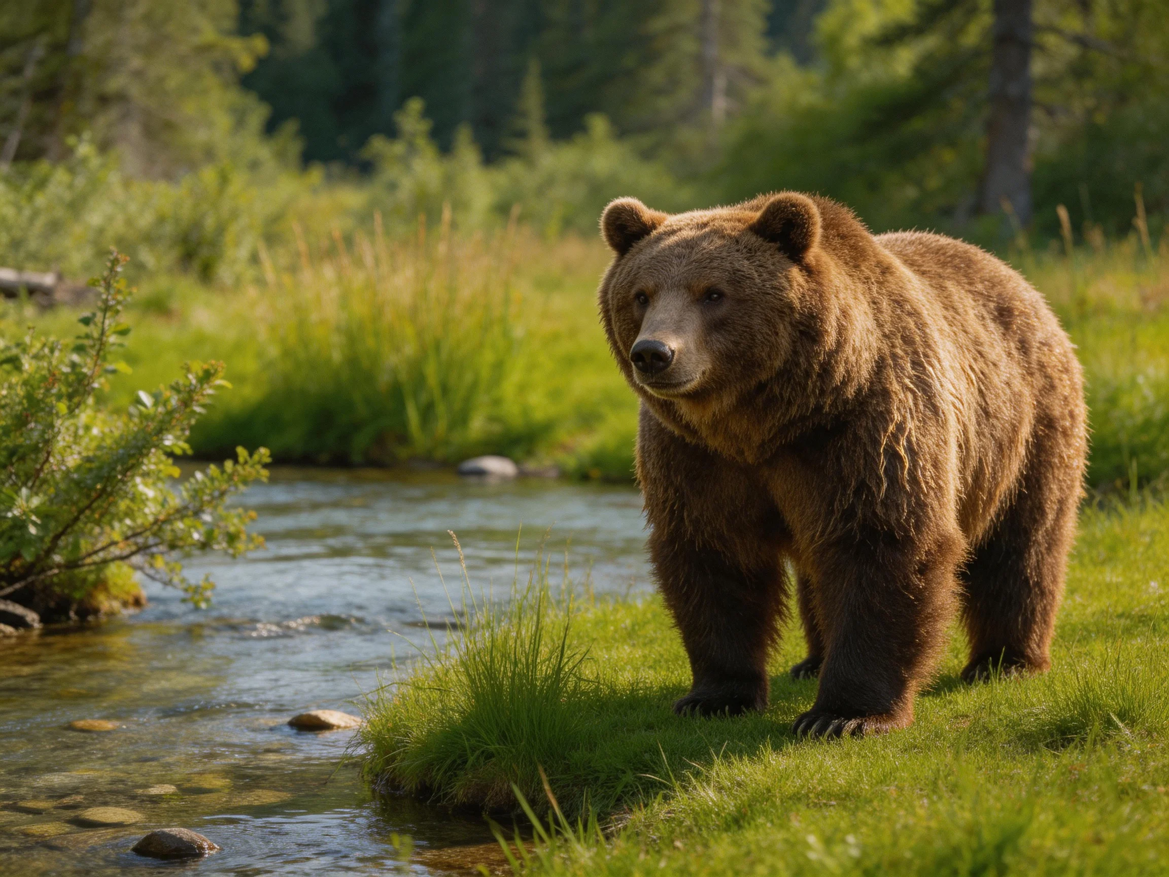 A large brown grizzly bear near a clear forest stream
