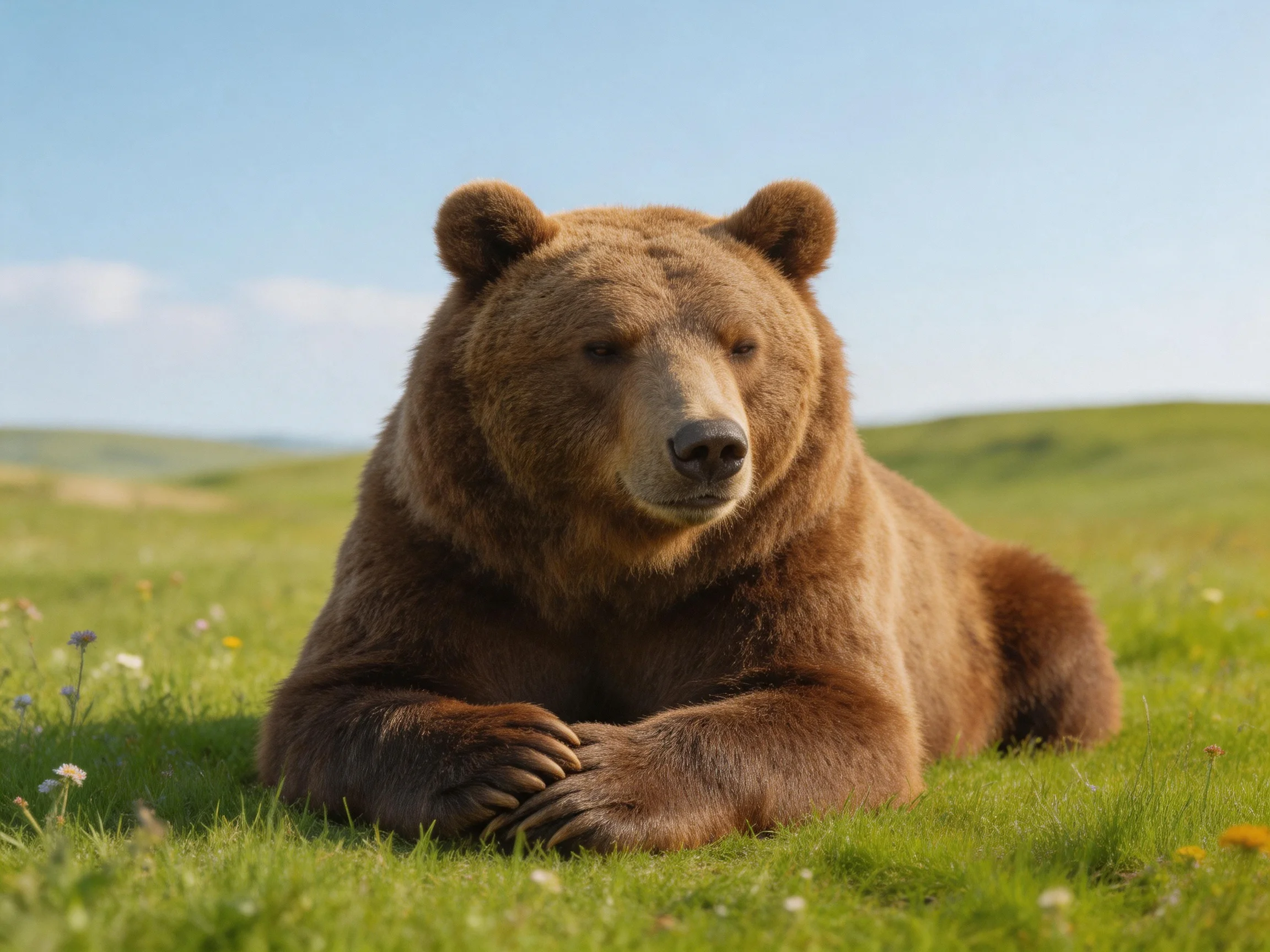 A large brown grizzly bear resting on lush green meadow terrain