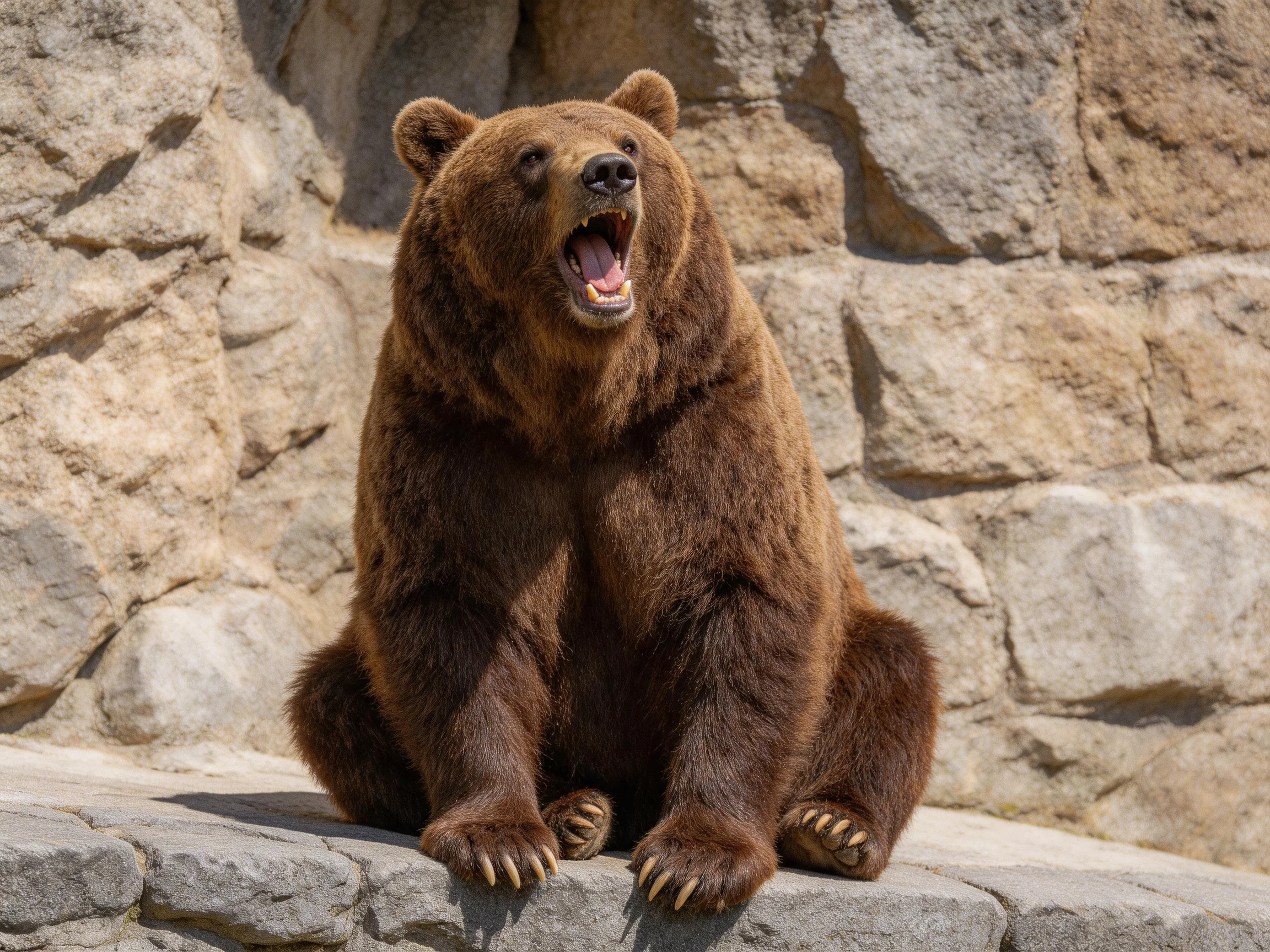 A large brown grizzly bear sits on stone near a rocky wall