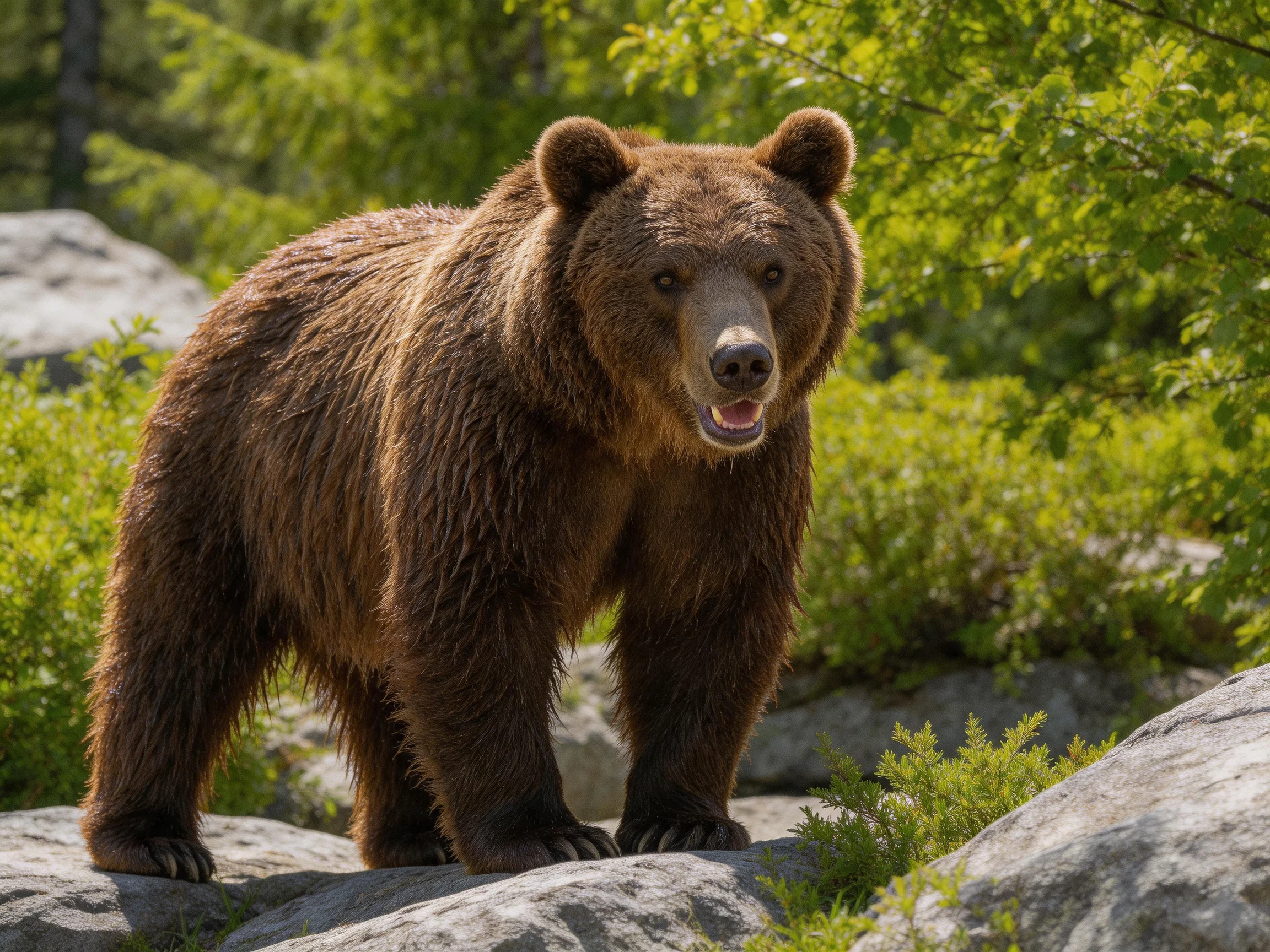A large brown grizzly bear standing on rocky terrain with greenery