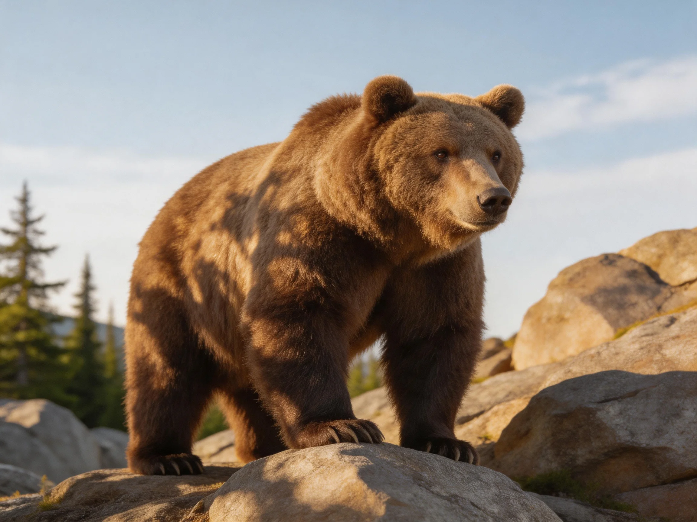 A large brown grizzly bear stands on rocky terrain near evergreen trees