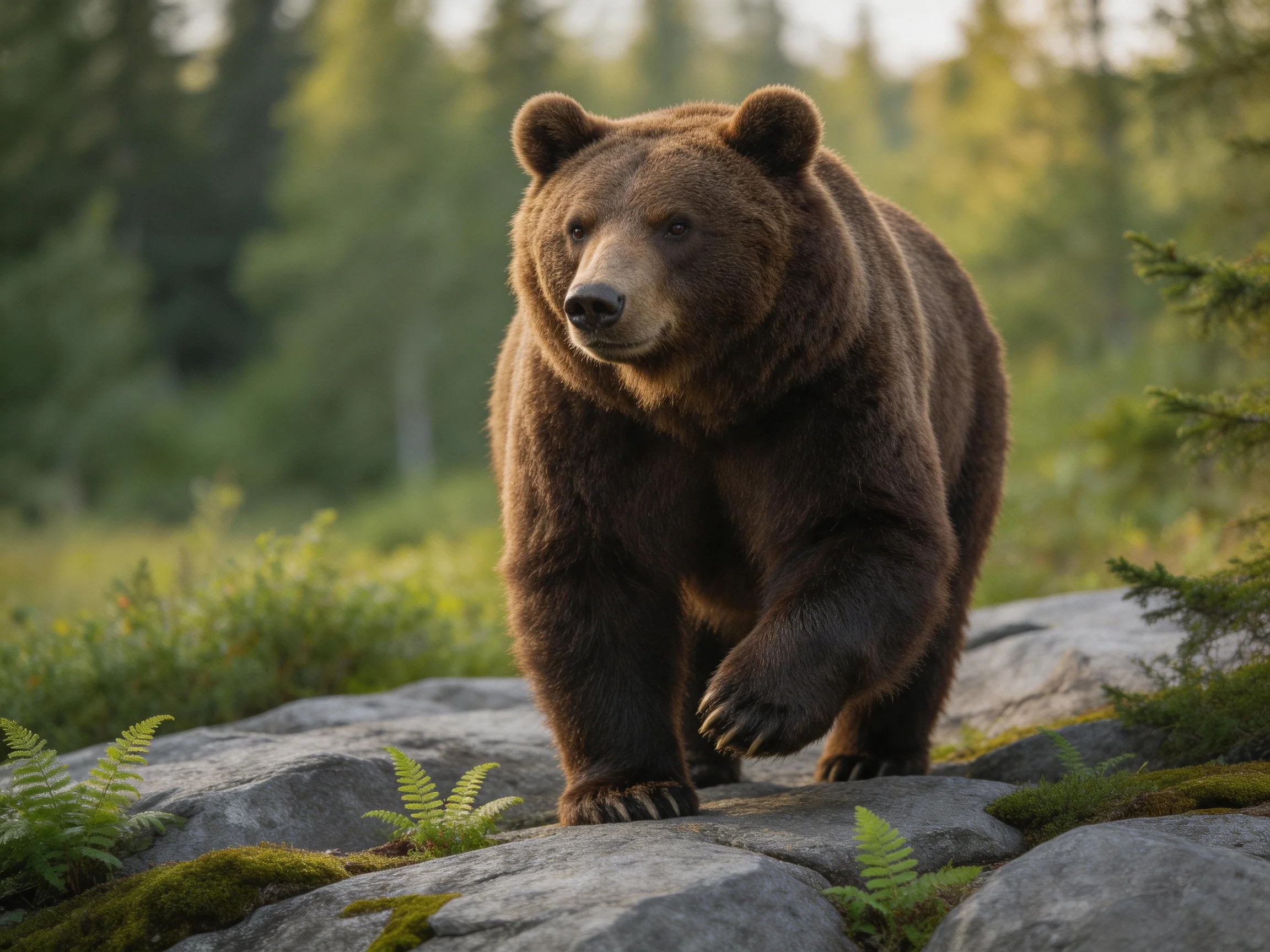 A large brown grizzly bear walking on mossy rocks in a forested area
