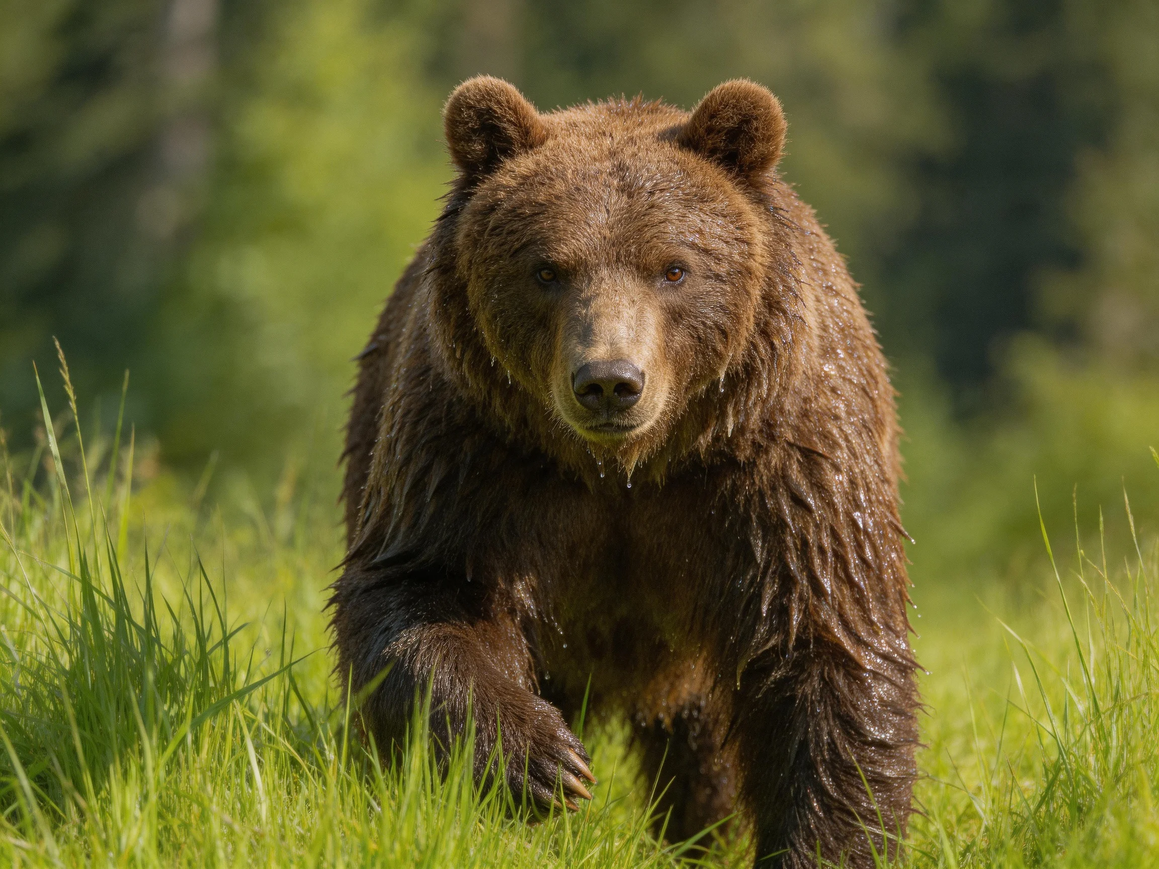 A large brown grizzly bear walking through tall green grass in a forest