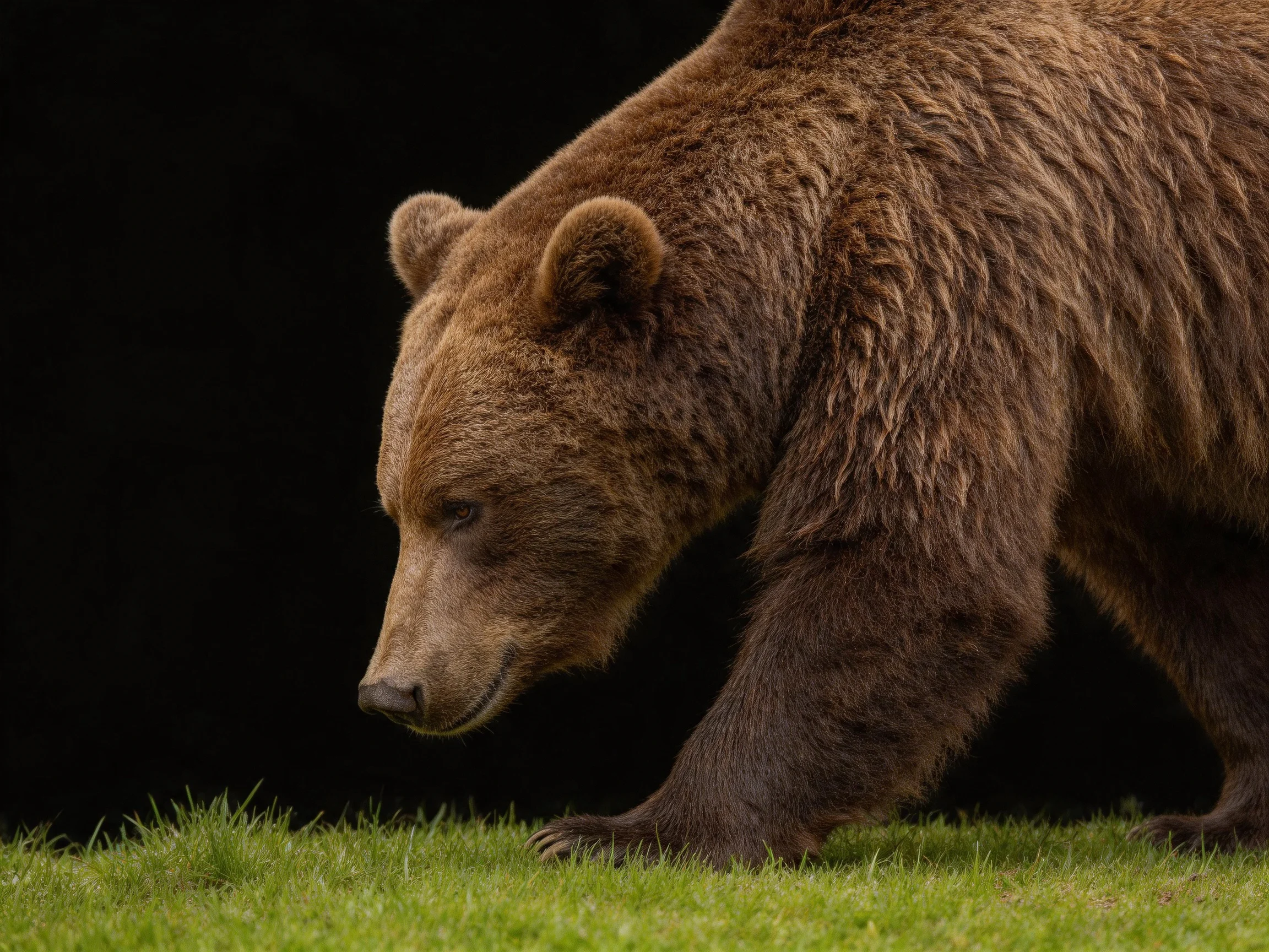 A large brown grizzly bear moves across green grass with a dark background.