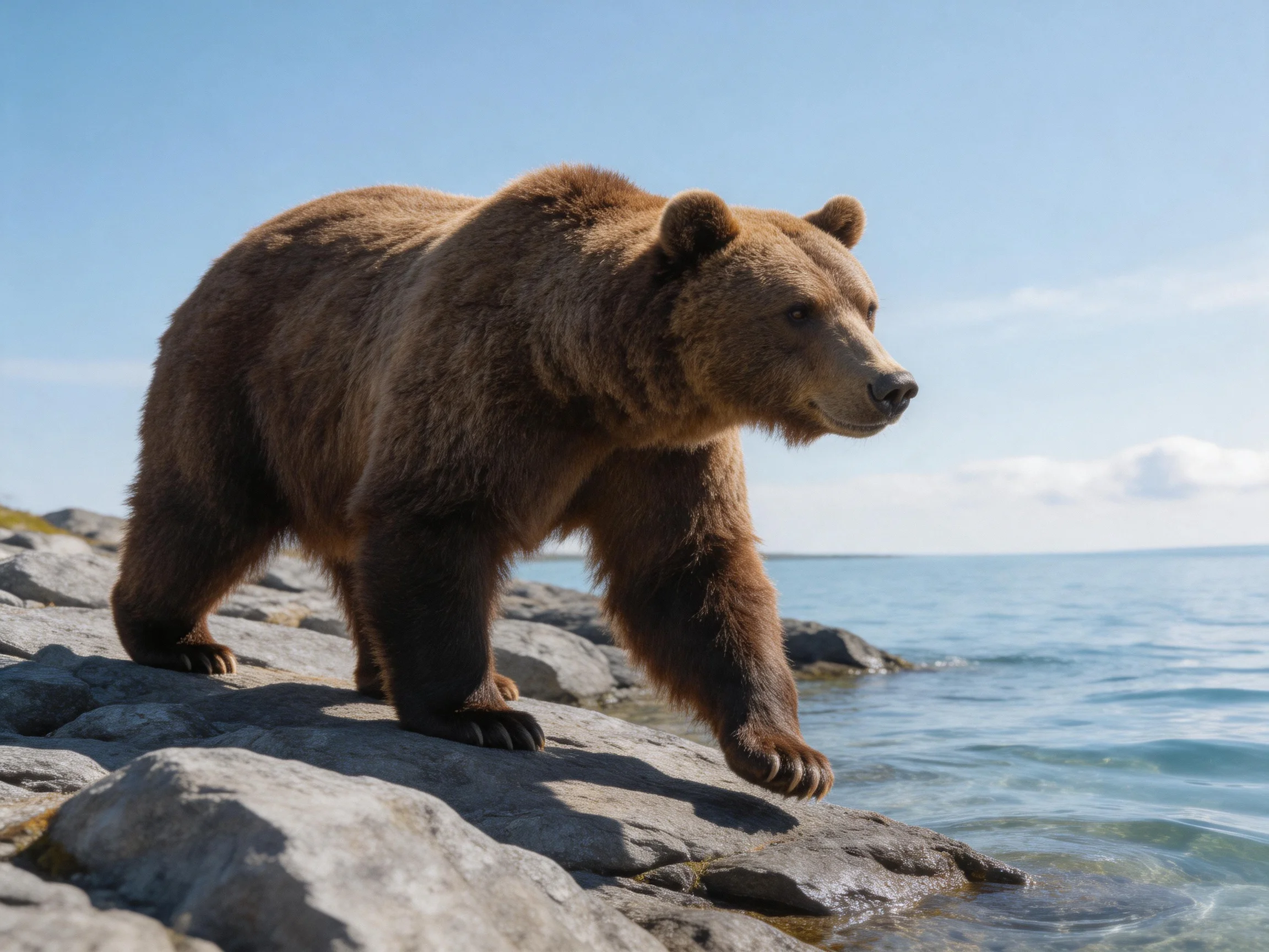 A large brown grizzly bear walks on rocky shoreline