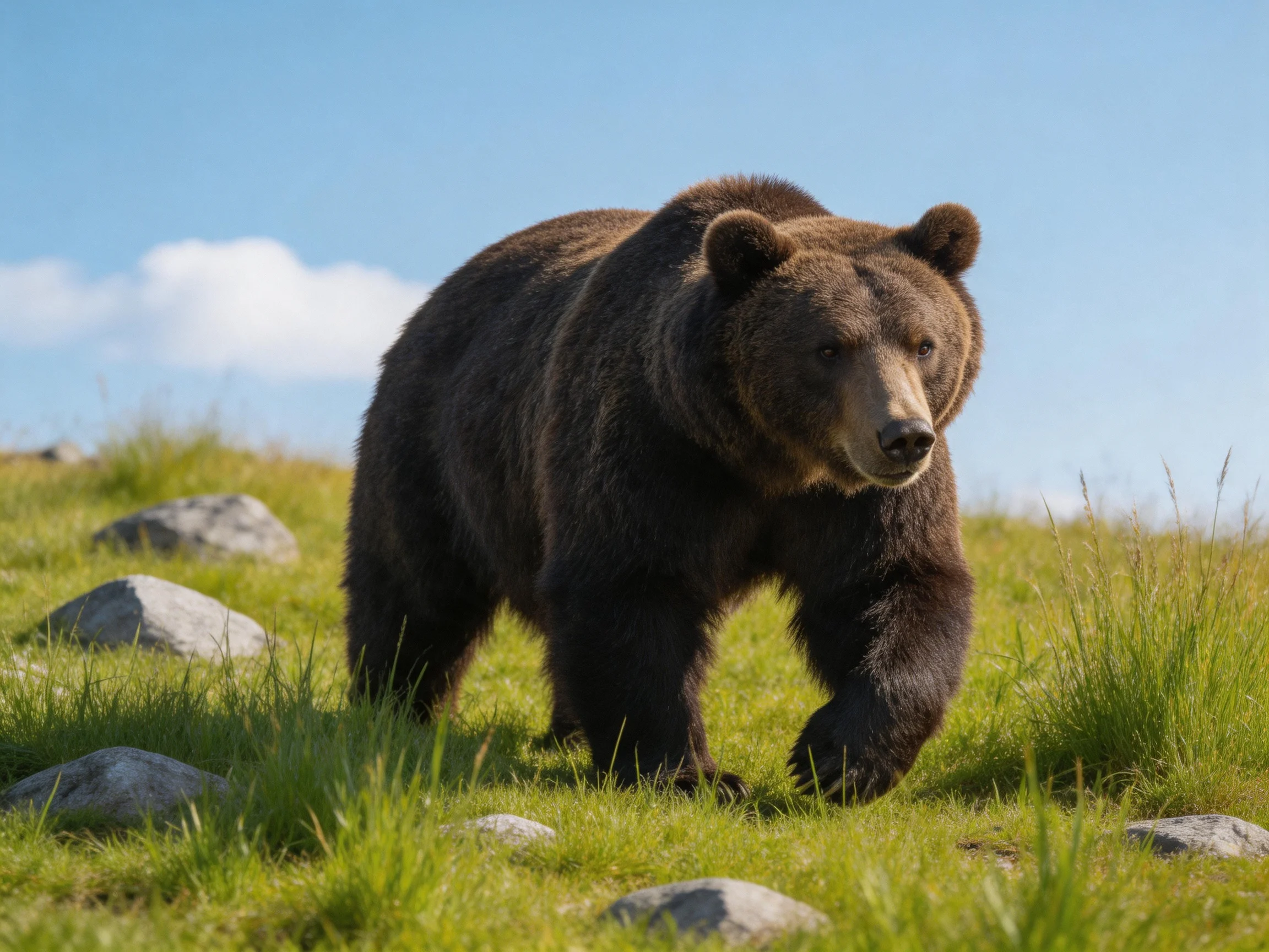 A large brown bear moves through a grassy landscape with rocks.