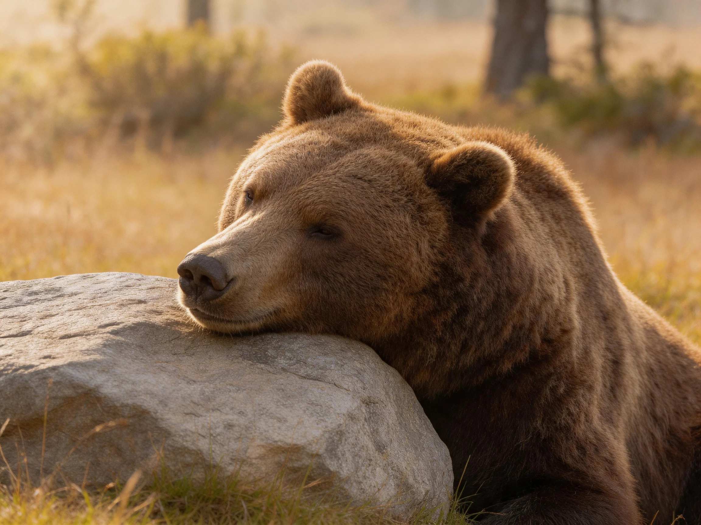 A large brown grizzly rests on a gray rock in golden grass