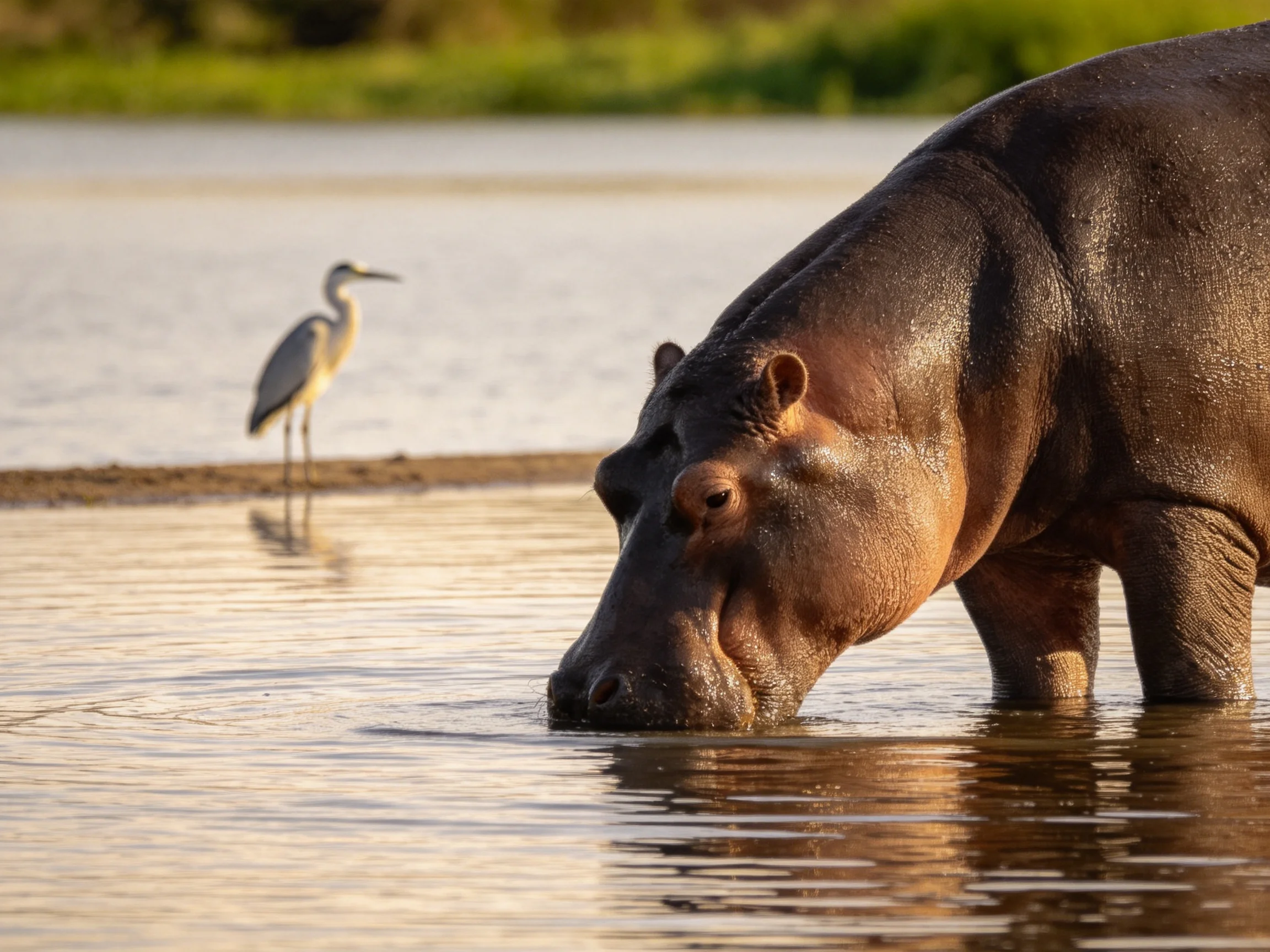 A large brown hippo drinks in calm waters near a gray heron