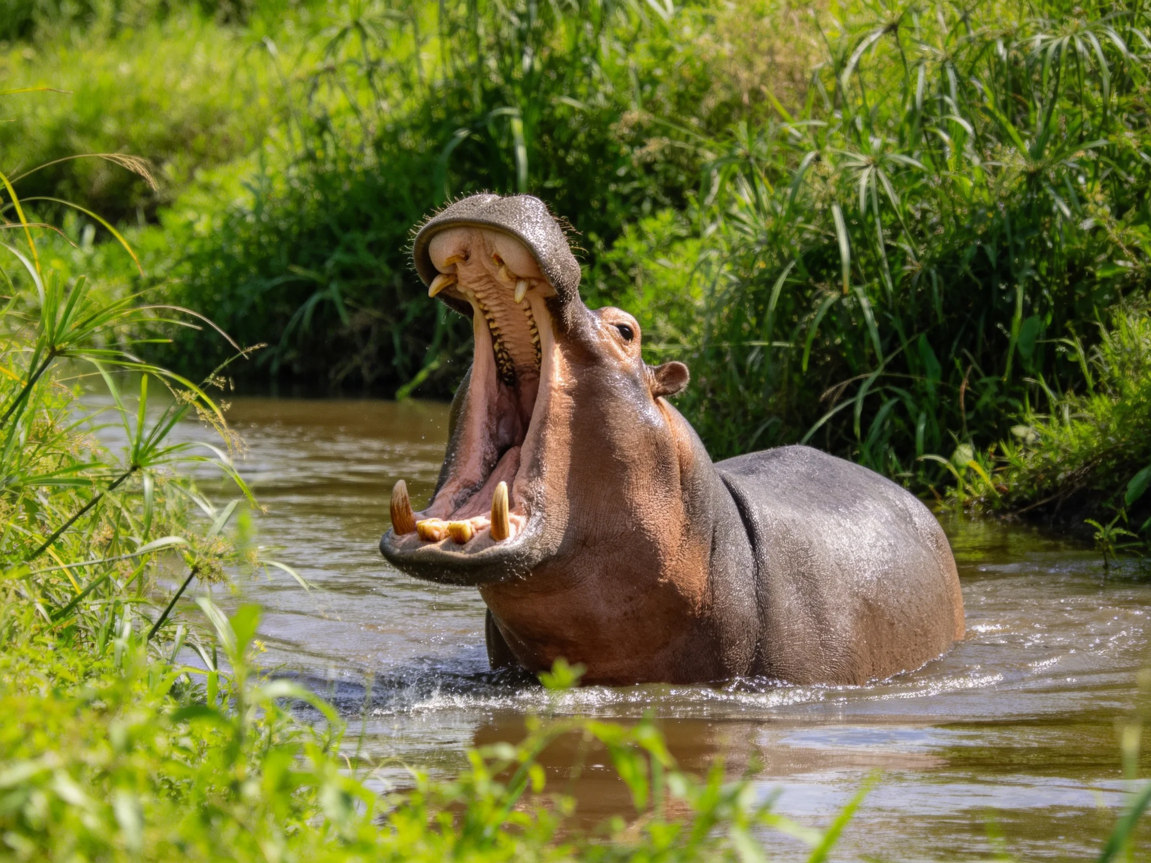 A large brown hippopotamus opens its mouth wide in a vegetated stream