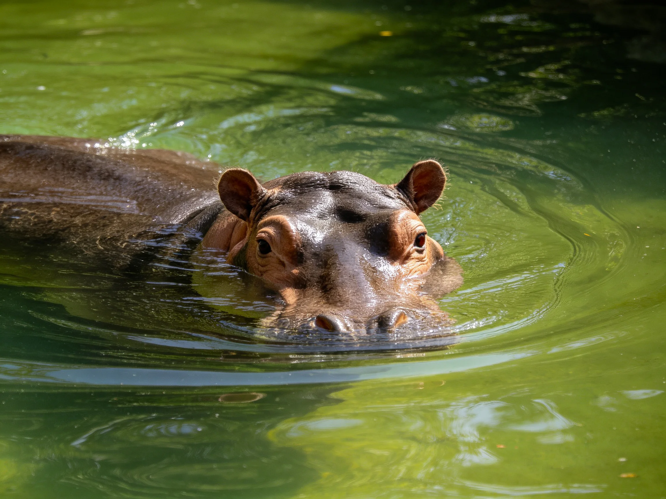 A large brown hippopotamus swimming in greenish water with head above