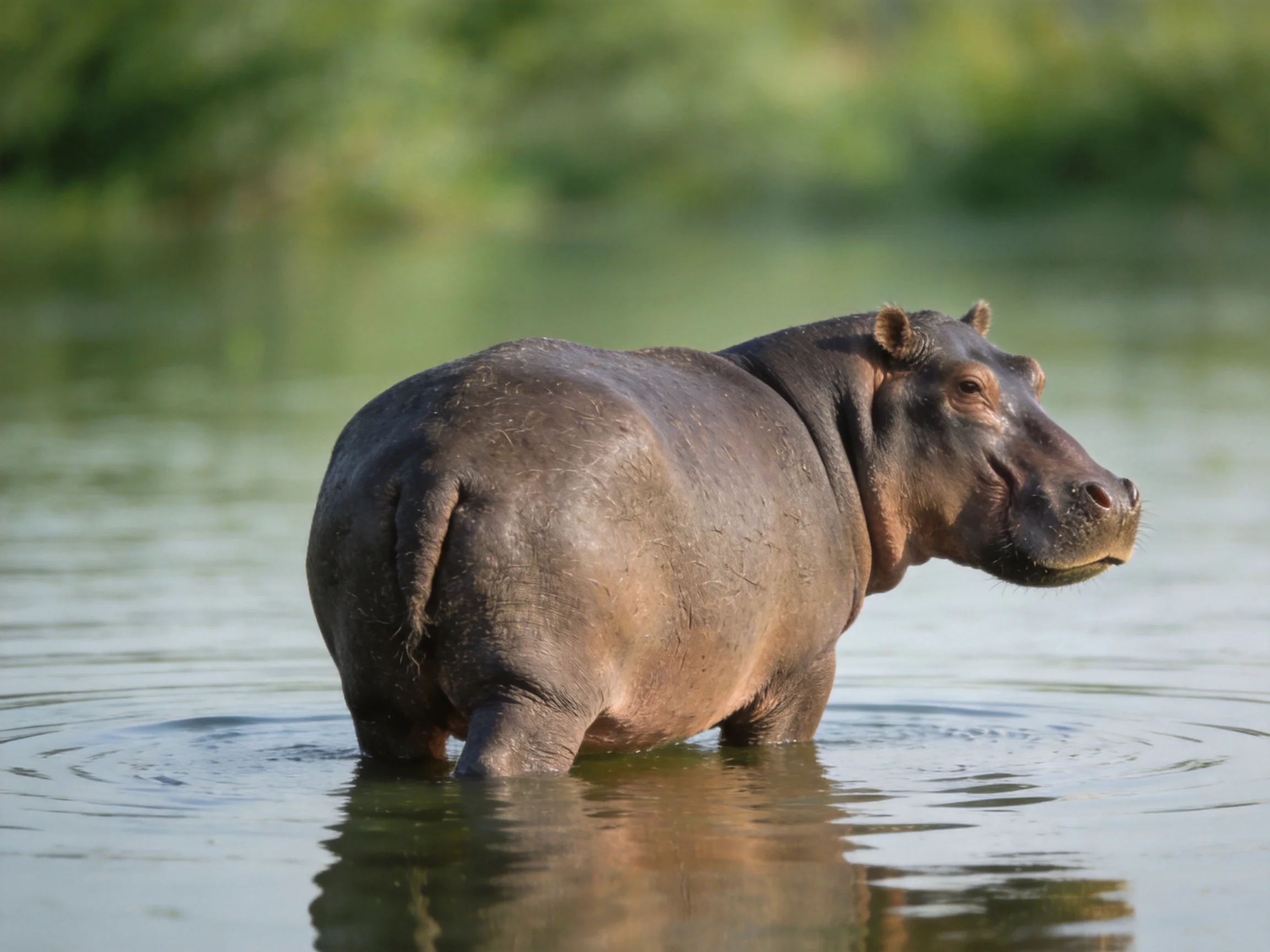 A large brown hippopotamus wades in calm, reflective water near greenery