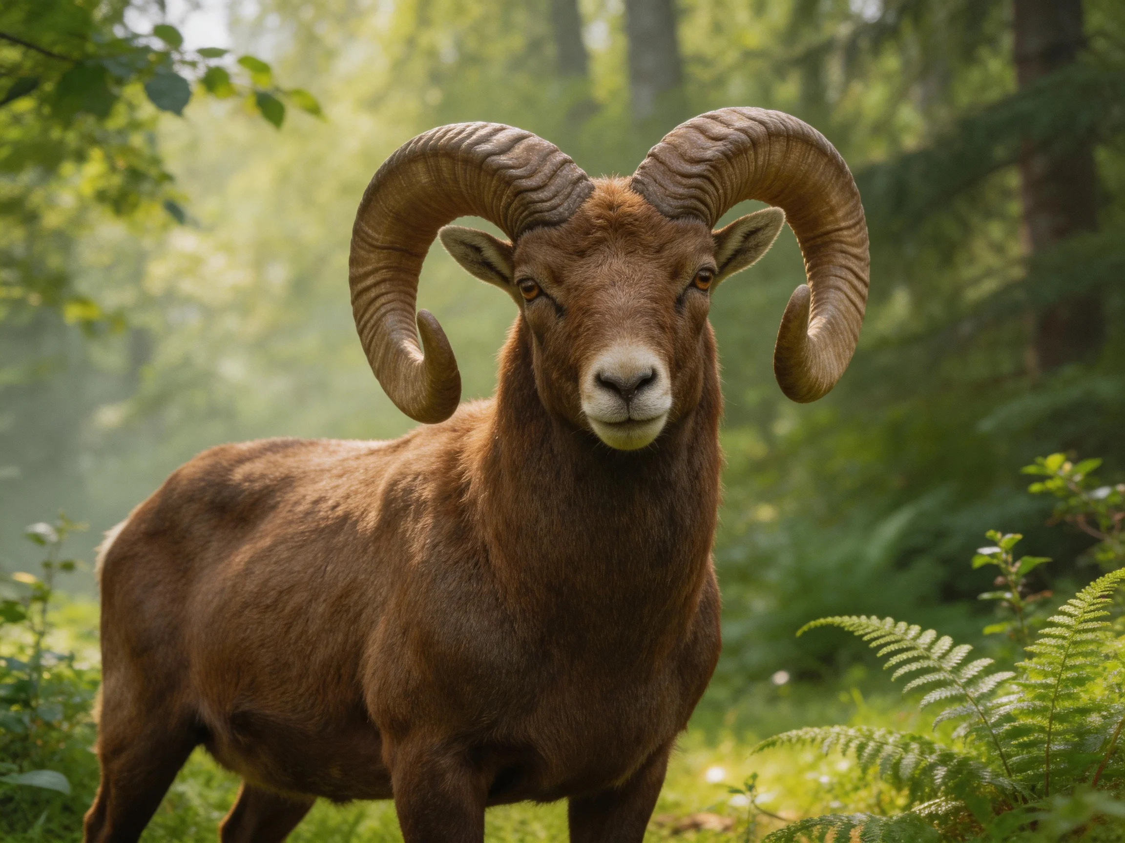 A large brown horned ram in a sun-dappled forest
