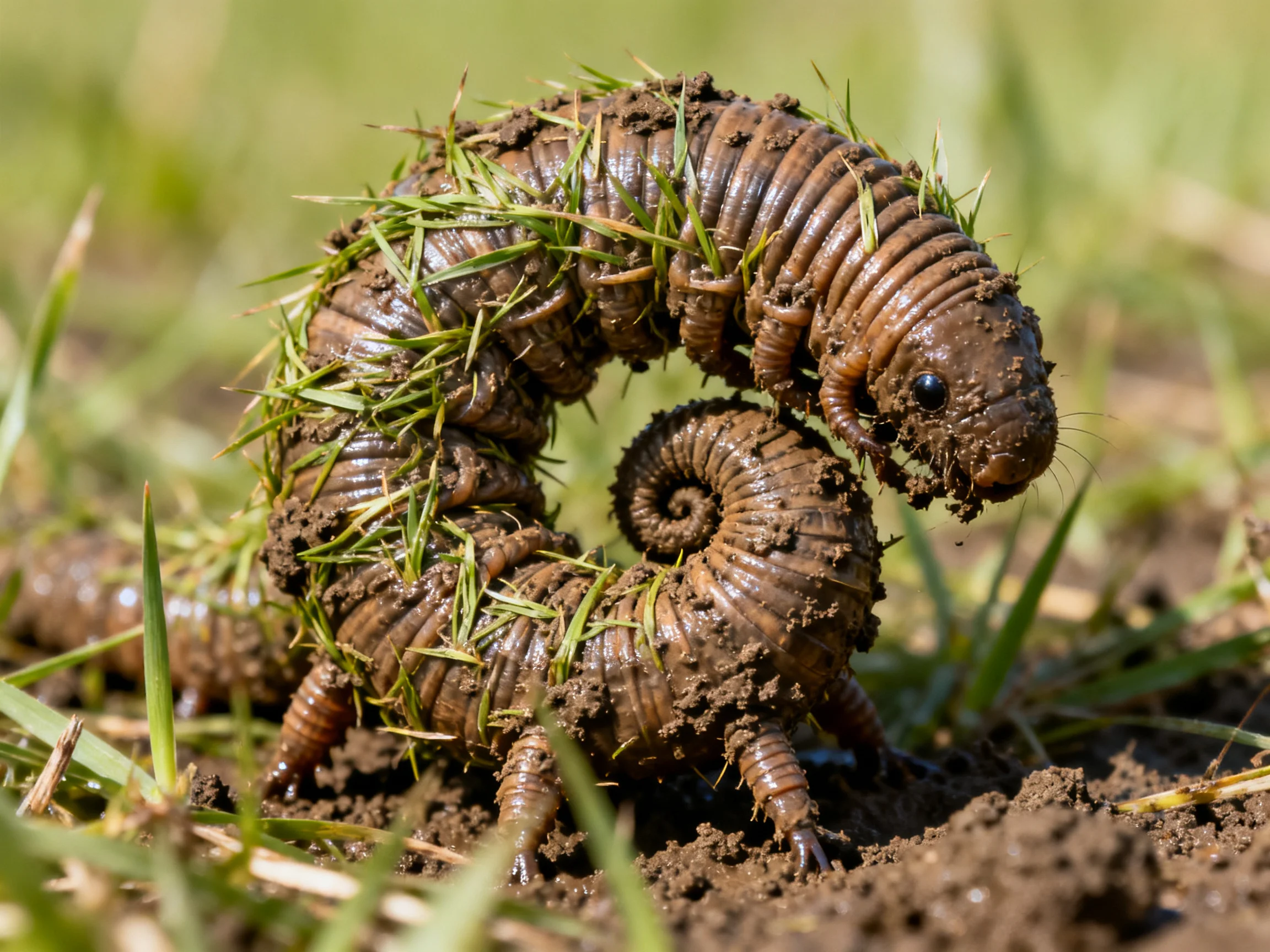 A large brown millipede curls in mud surrounded by green grass.