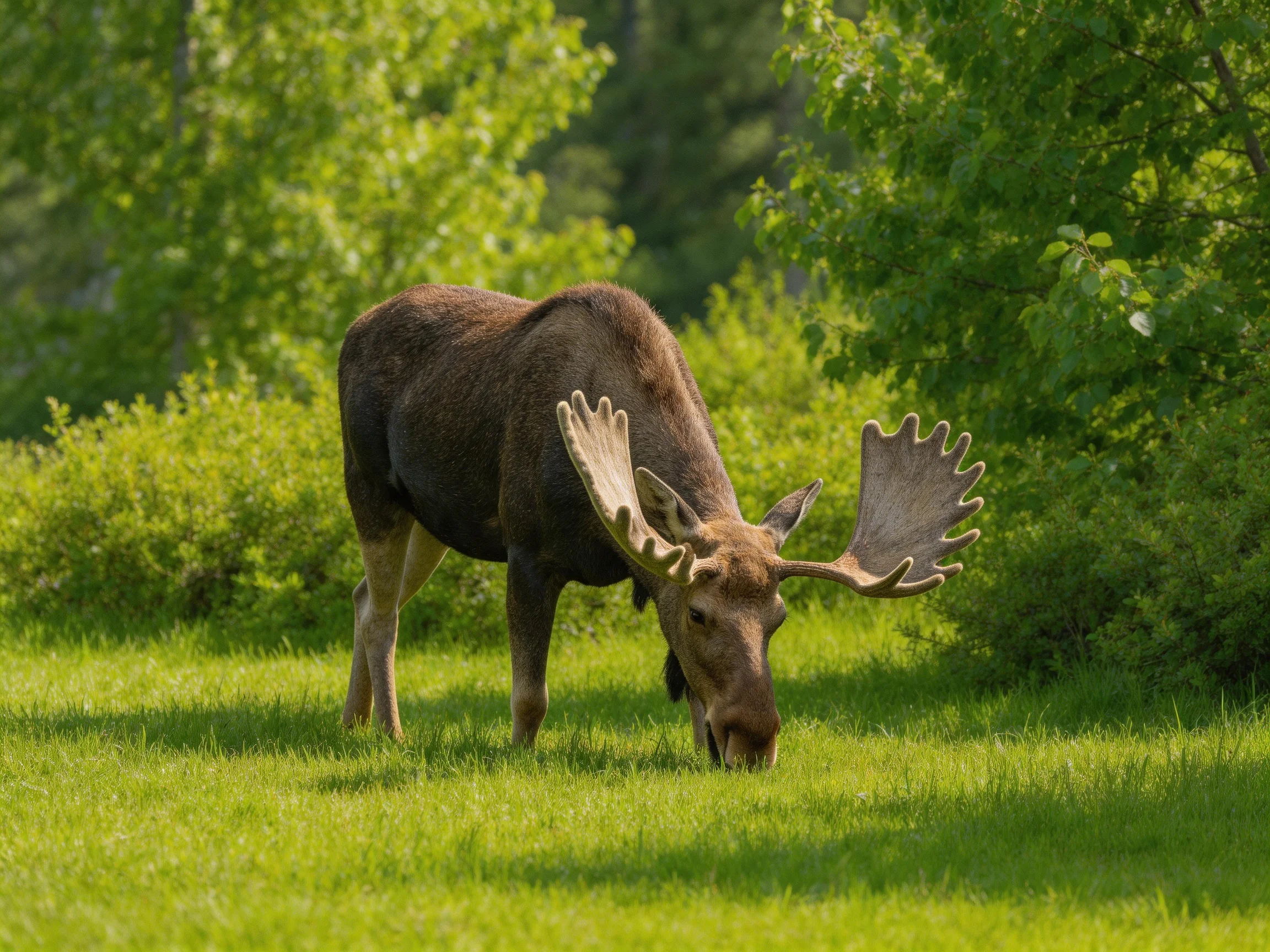 A large brown moose grazes in a lush green meadow surrounded by dense foliage