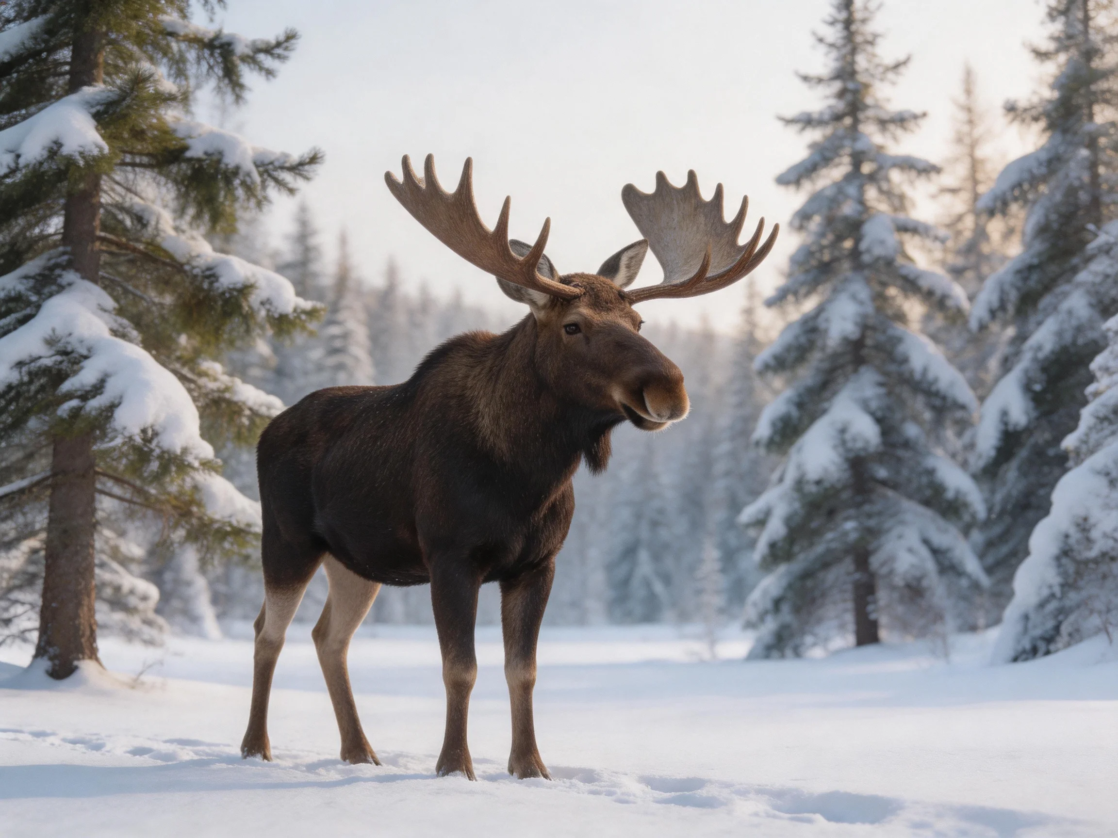 A large brown moose with broad antlers in a snowy forest