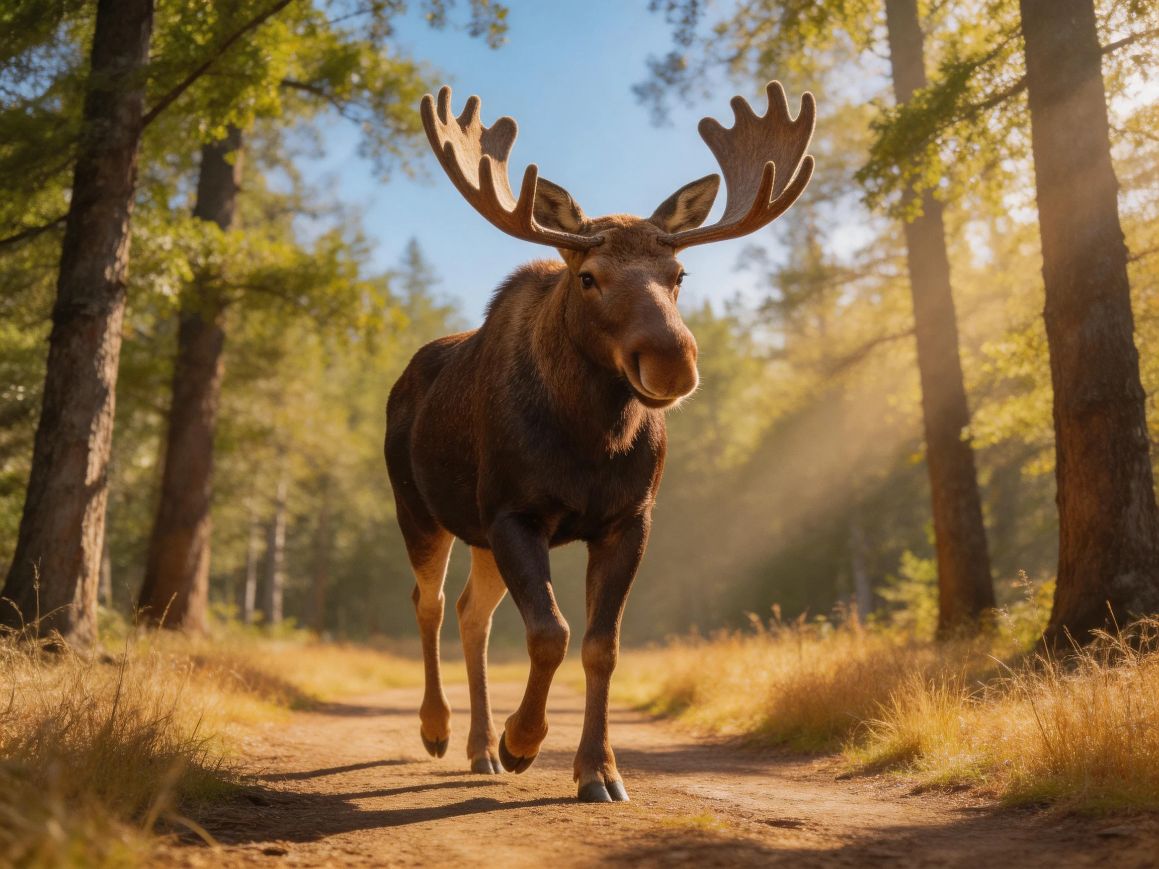 A large brown moose with broad antlers walks along a sunlit forest path
