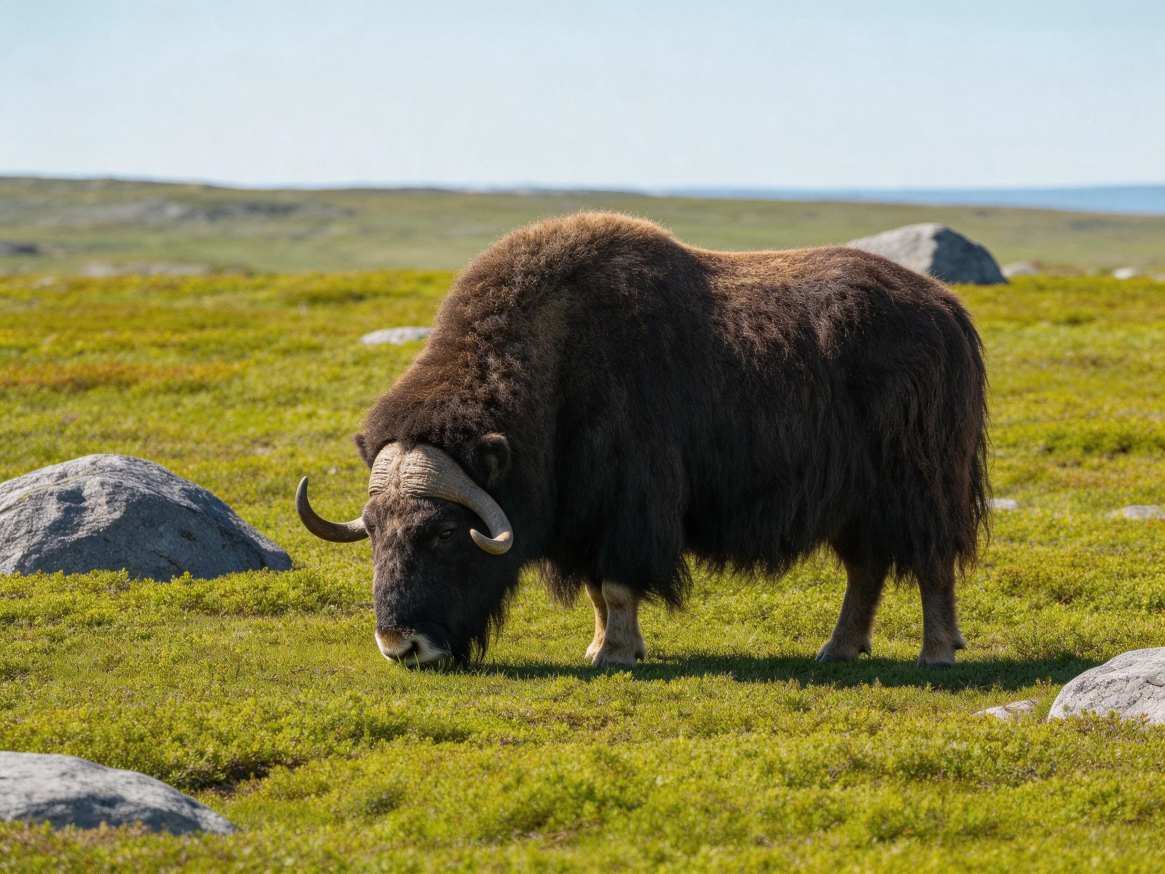 A musk ox grazes near rocks in a grassy tundra area.