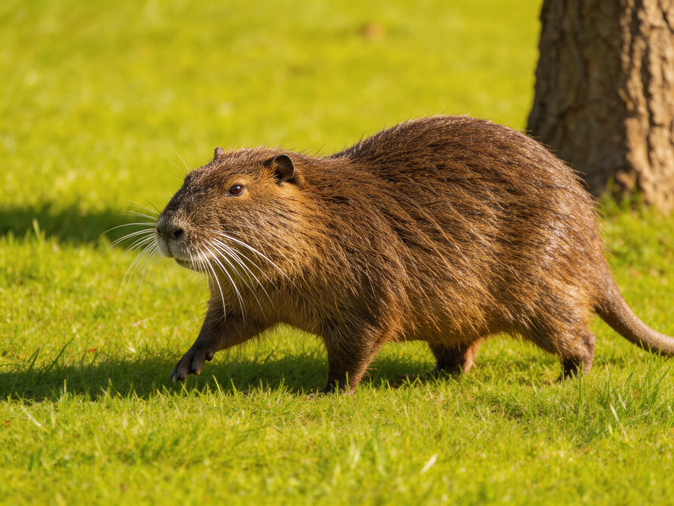 A brown nutria walks across green grass near a tree.