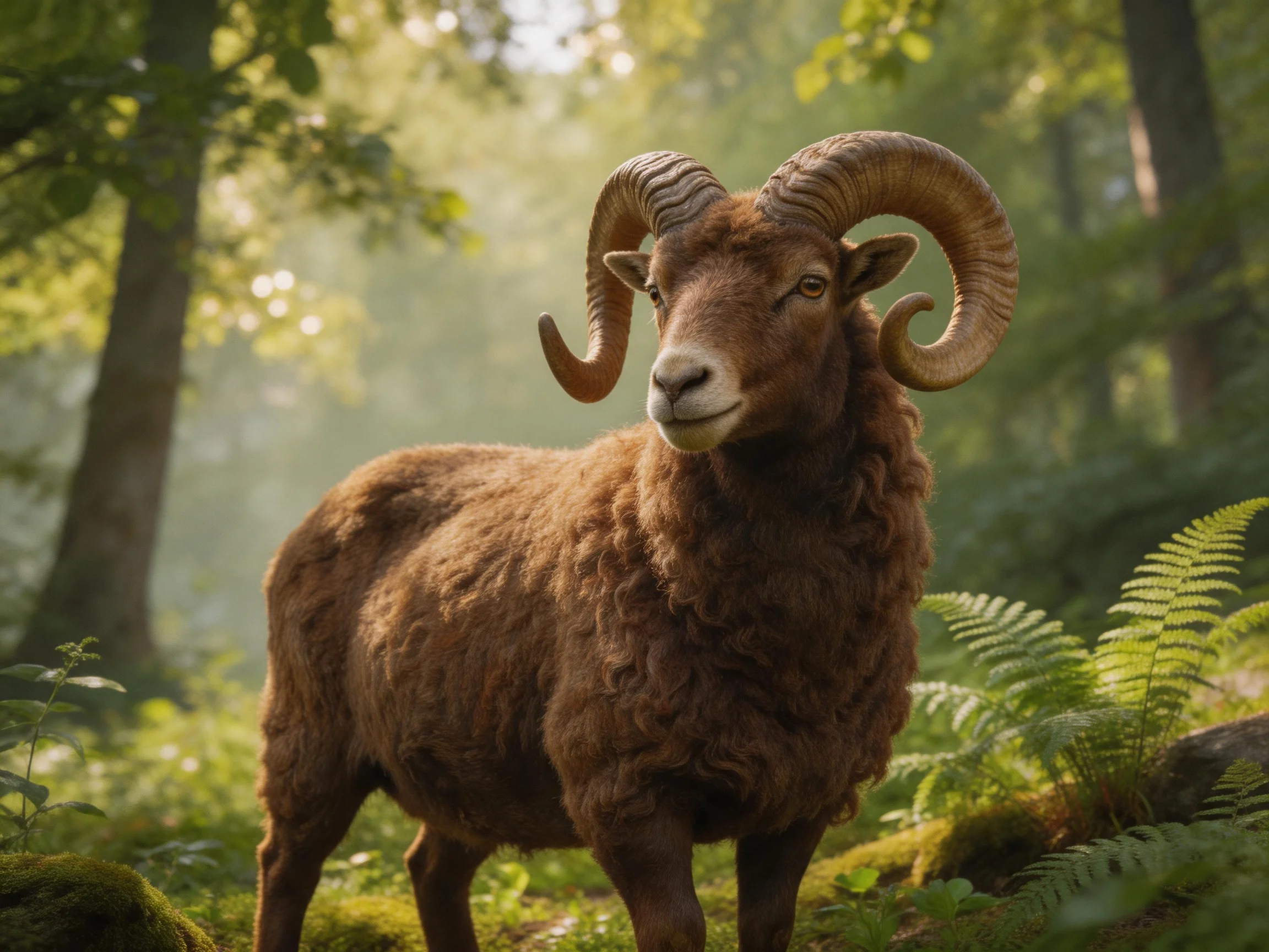 A large brown ram with curved horns stands in a sunlit forest.